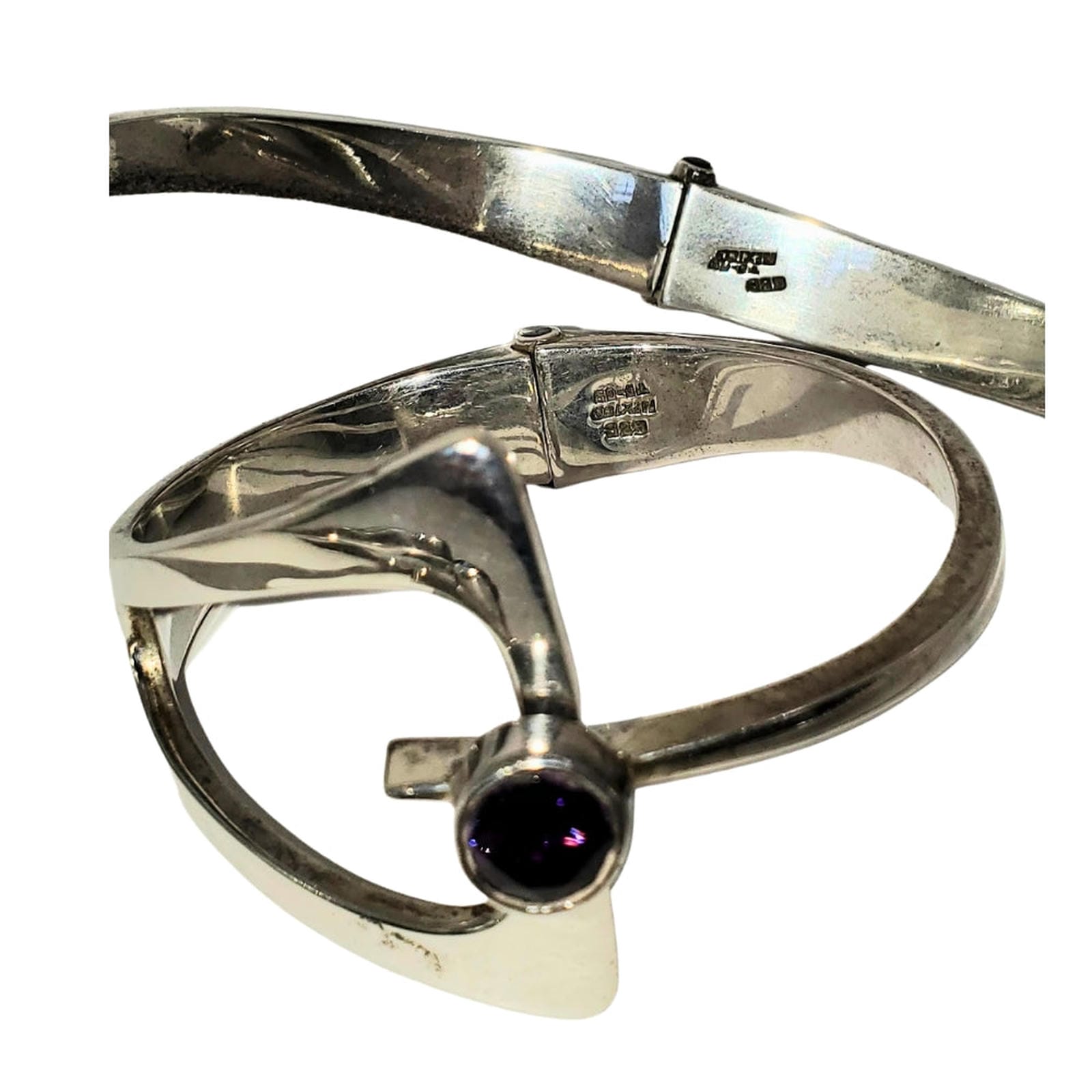 Mid-Century Mexico Artisan .925 Sterling Silver Amethyst Choker & Bracelet Set