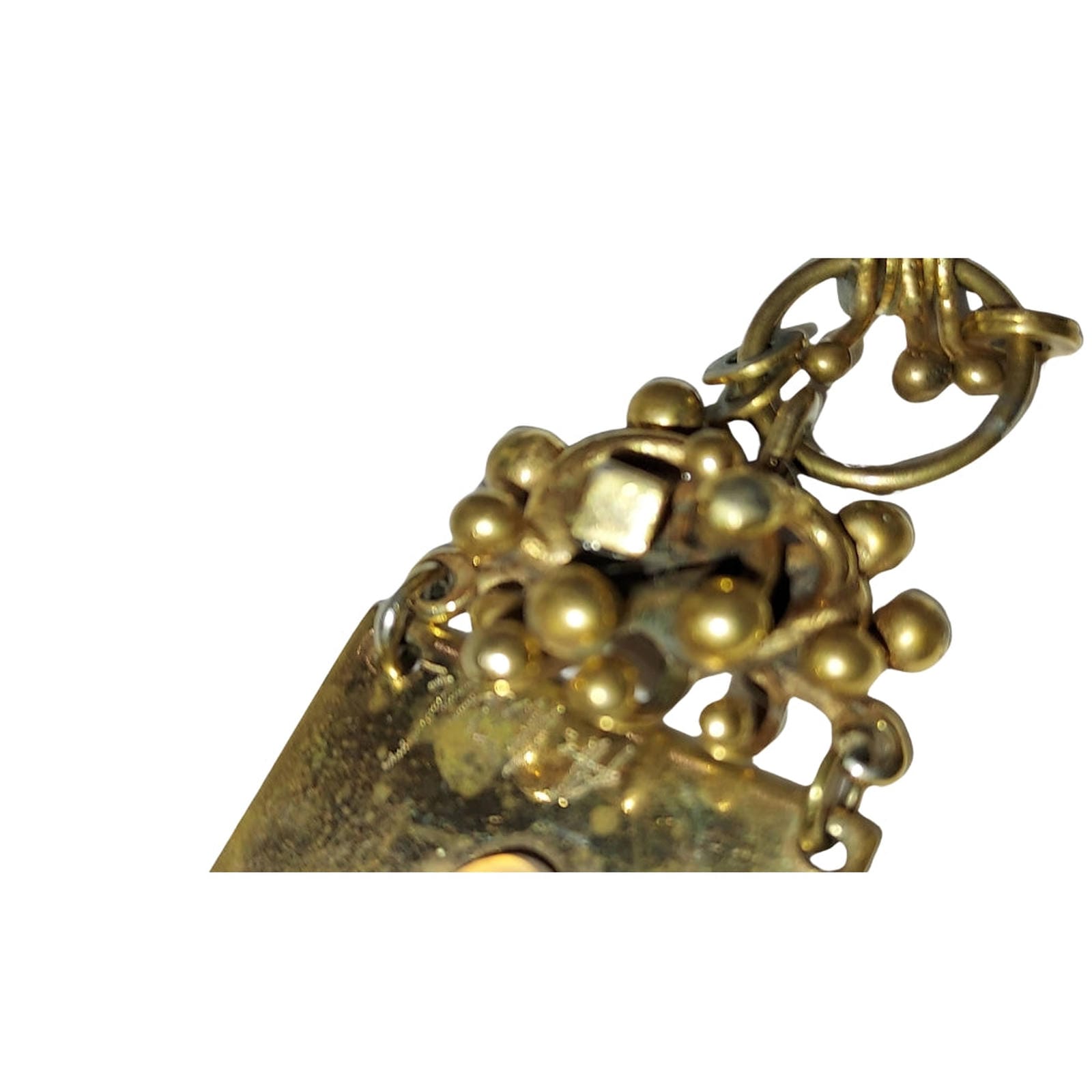 Artisan Hand Crafted Mid Century Pendant, Brass  with Brown Stone & Nugget Dangles