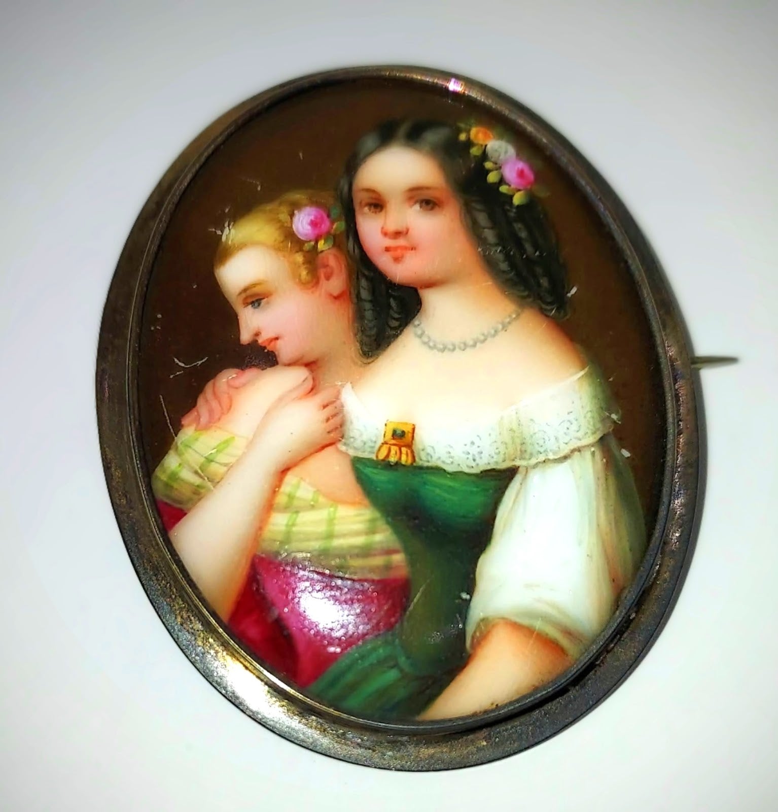 19th C. Handpainted Portrait Brooch of Two Ladies