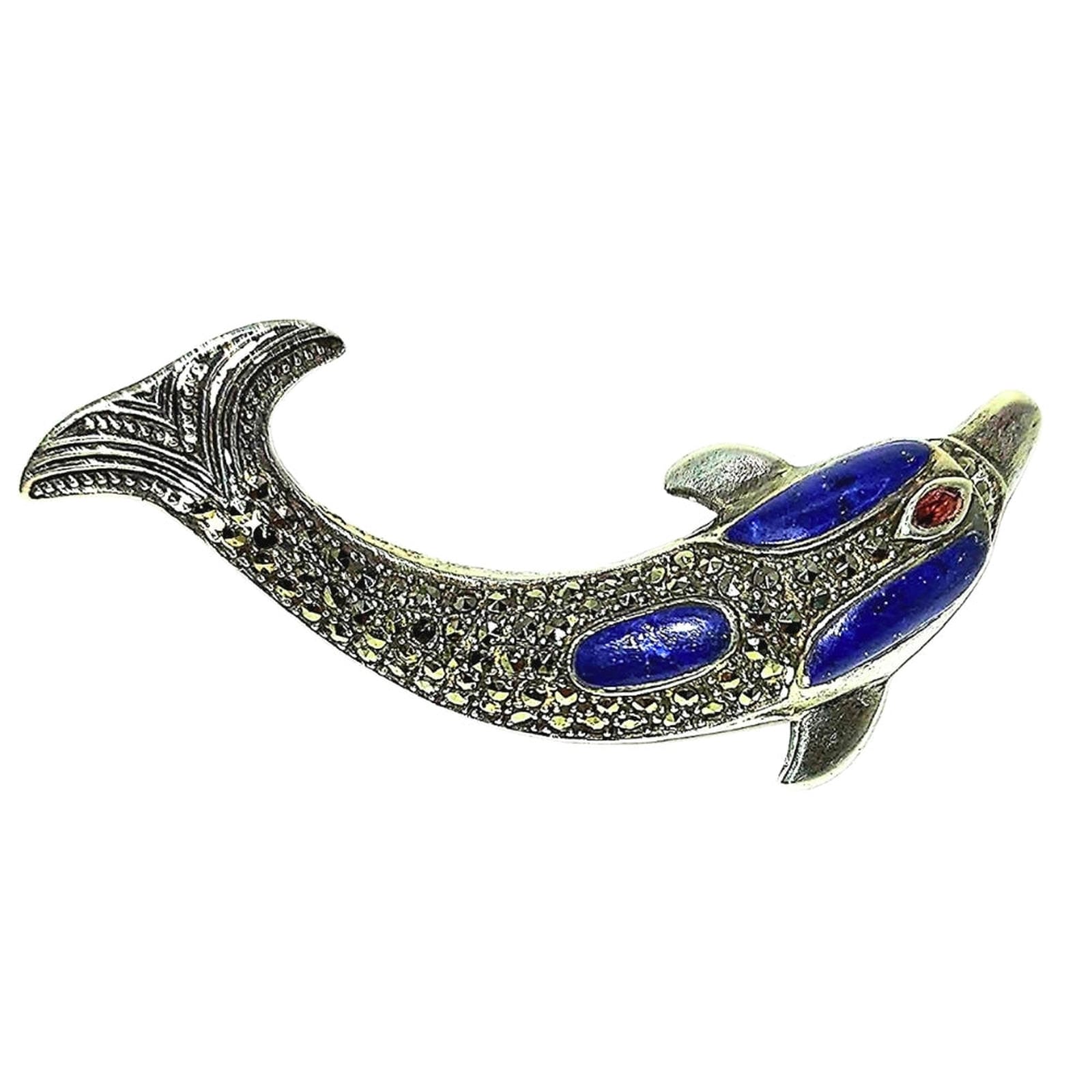 Playful Dolphin Pin - Sterling Silver with Lapis Lazuli and Amber Eye