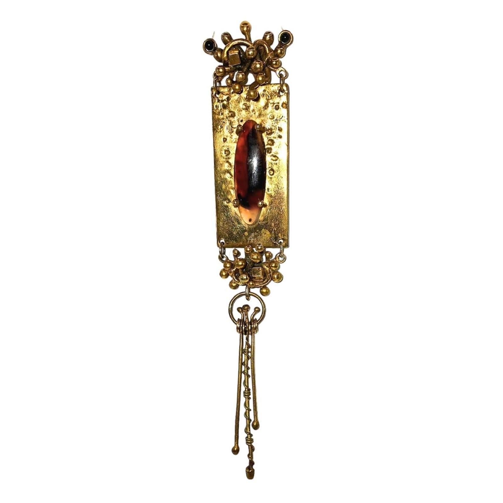 Brutalist Mid Century Artisan Brown Stone in Brass Pendant