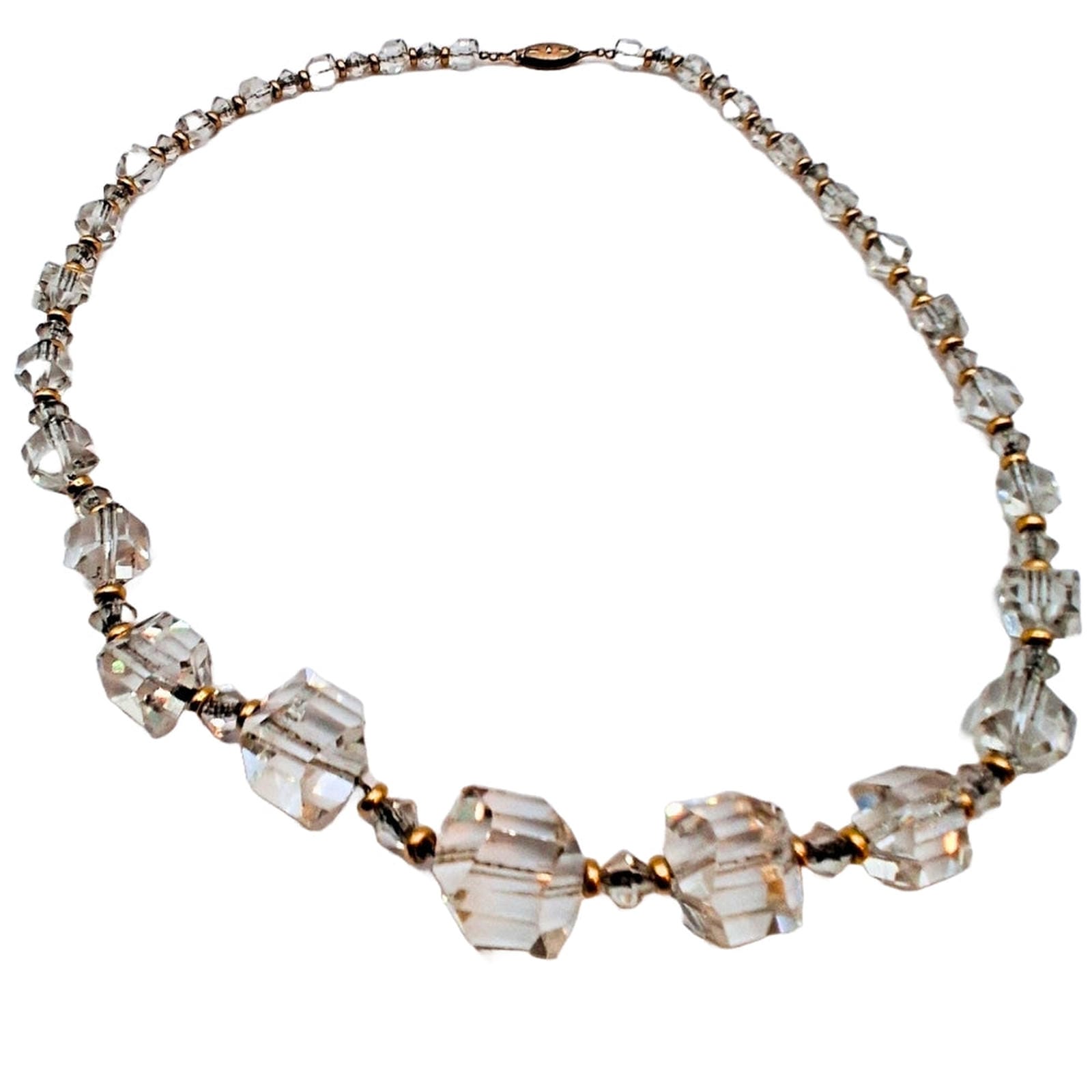 Vintage Aurora Borealis Square Cut Crystal Bead Necklace 12KT clasp