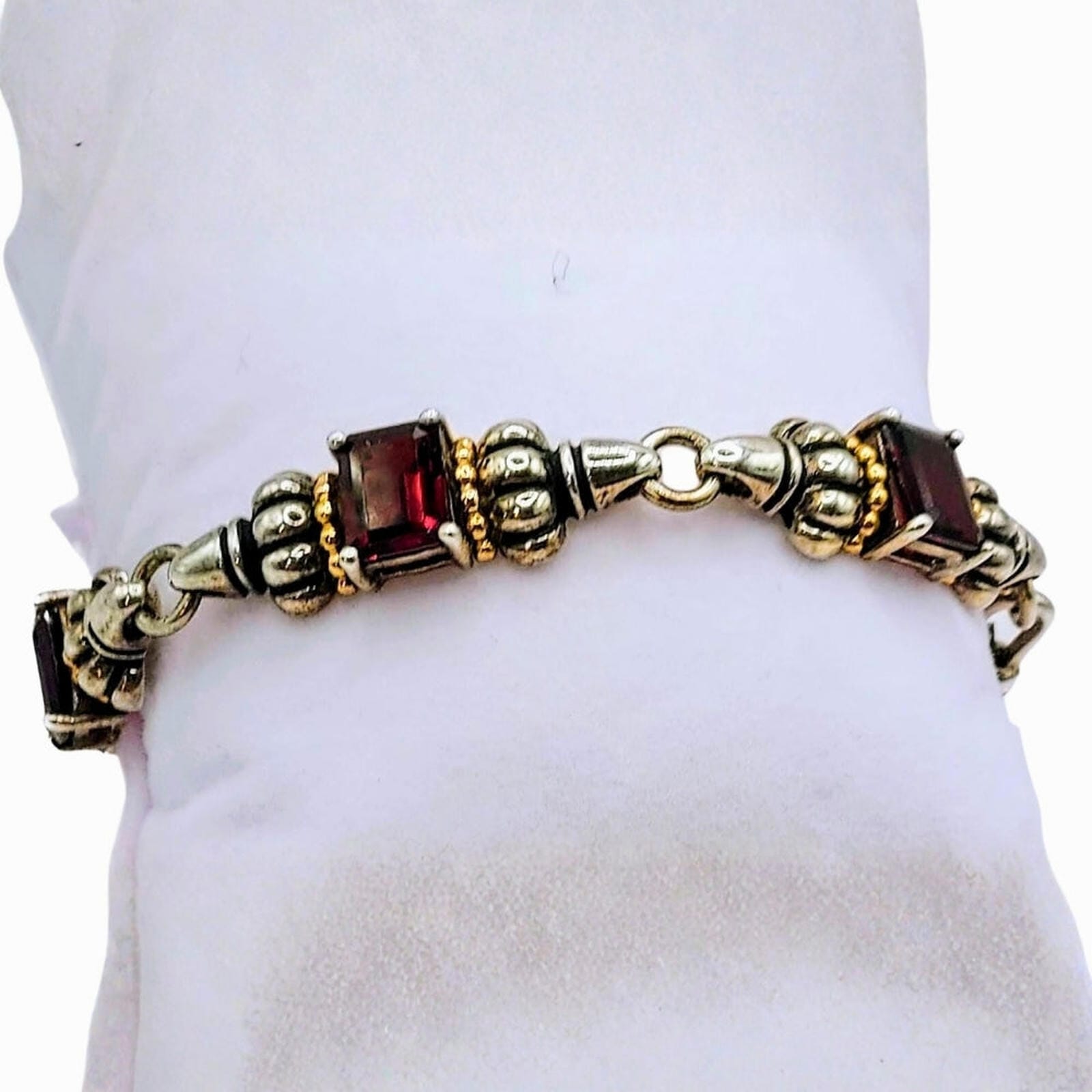 Vintage Clyde Duneier Bracelet - Silver, Gold, and Garnet Segmented Design