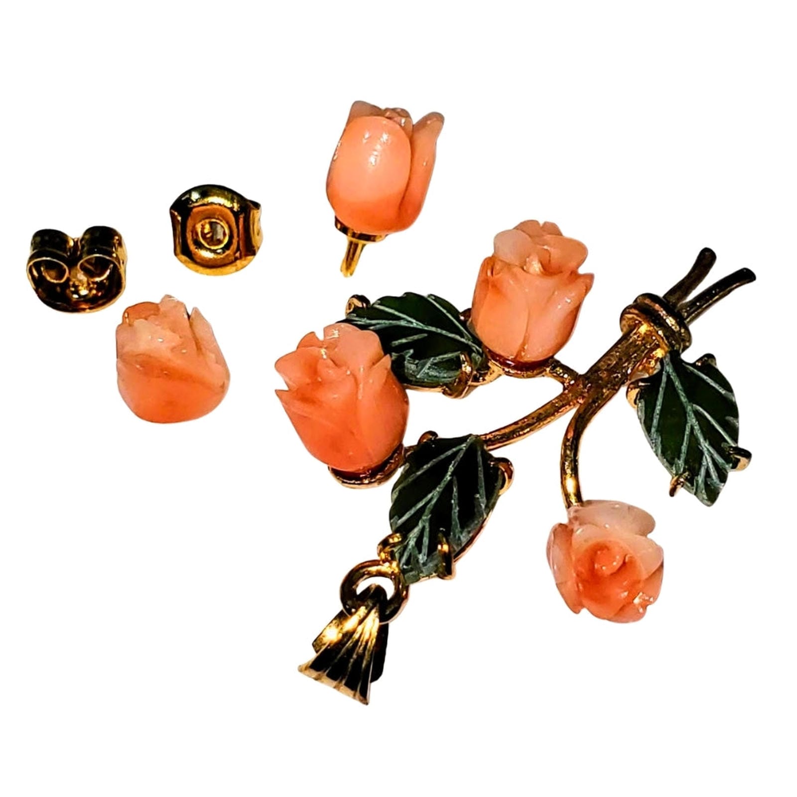 Coral & Jade Rose Pendant with Matching Earrings