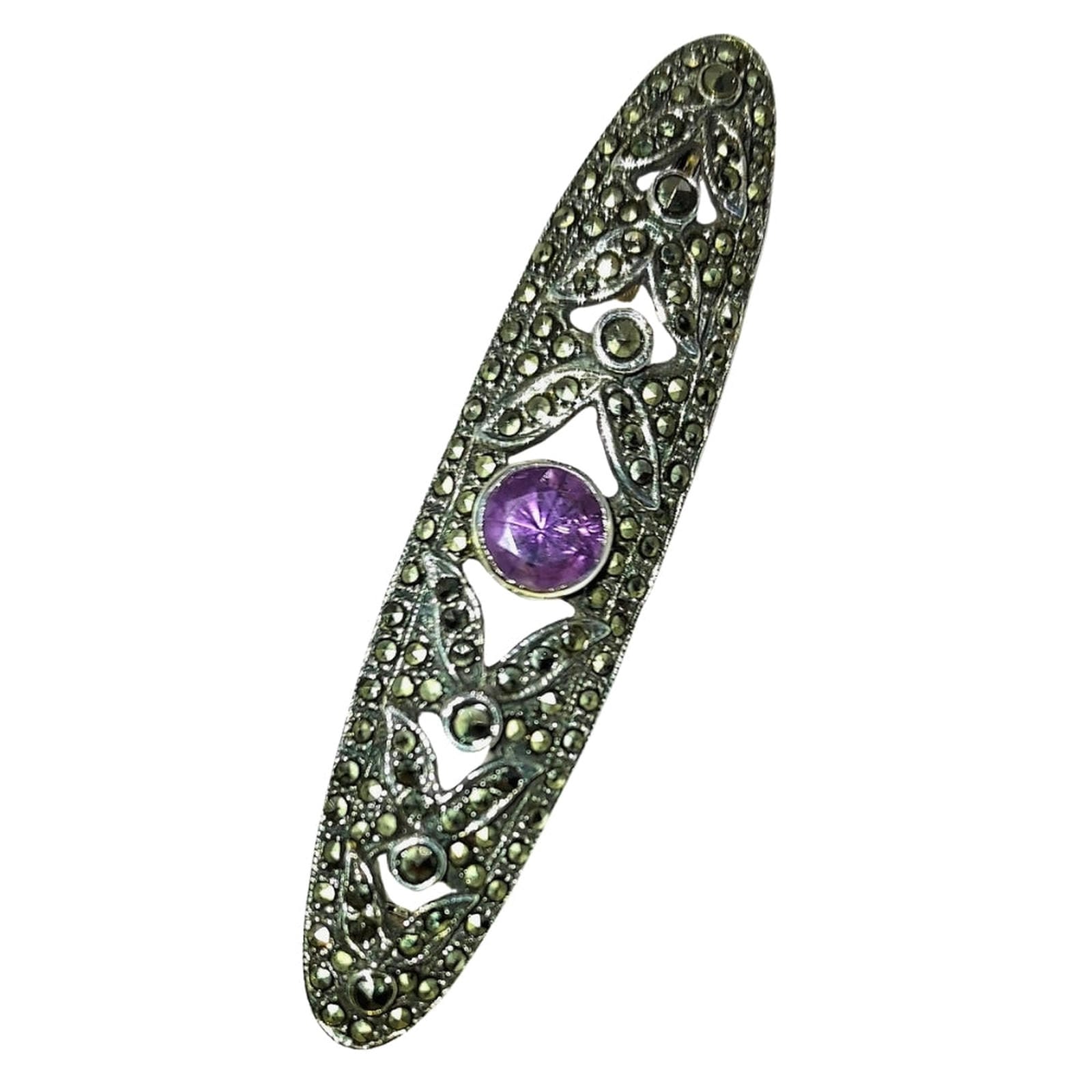 Marcasite & Amethyst Bar Pin - Sterling Silver