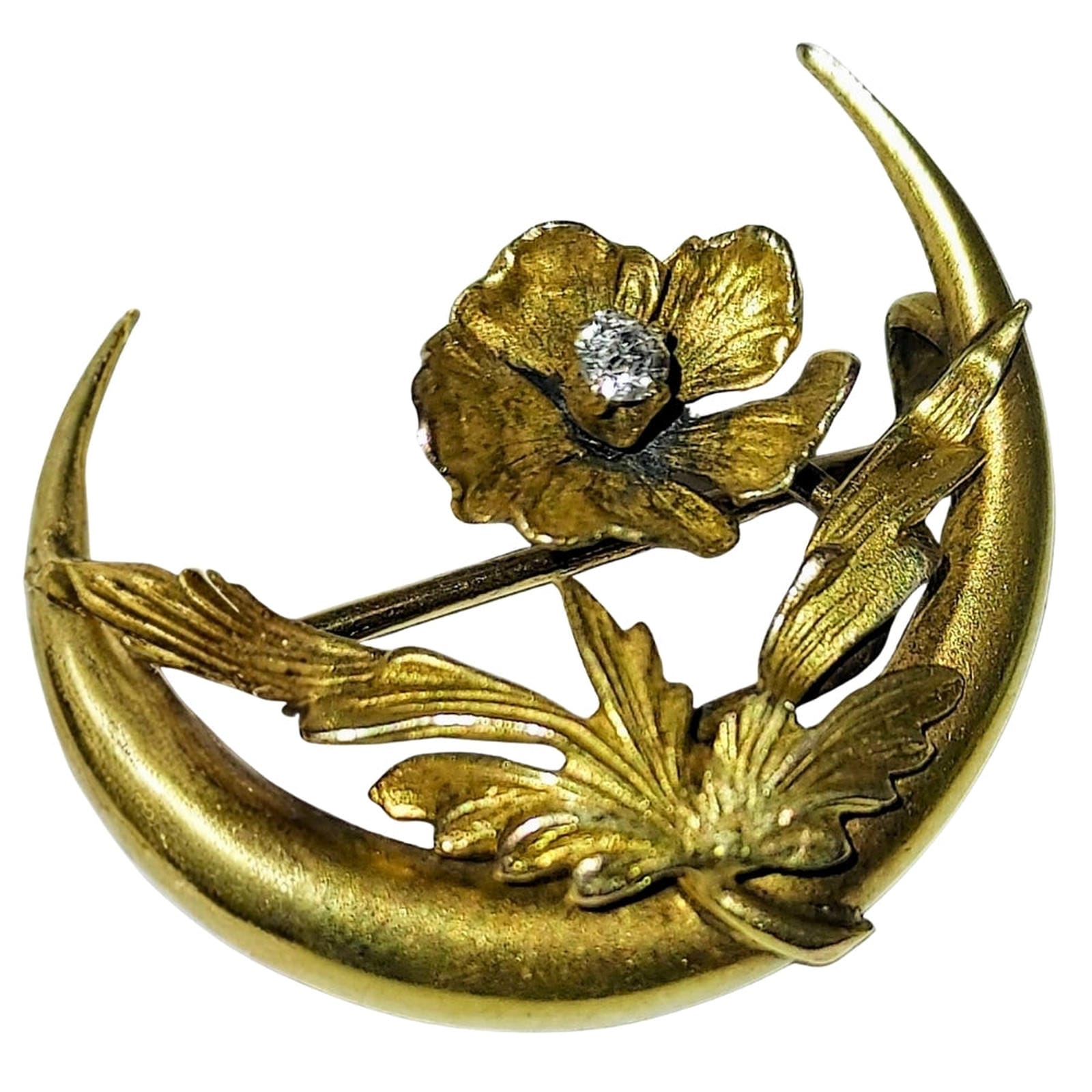 Victorian “Honeymoon” Pin - Crescent Moon with Flower & Diamond Chip