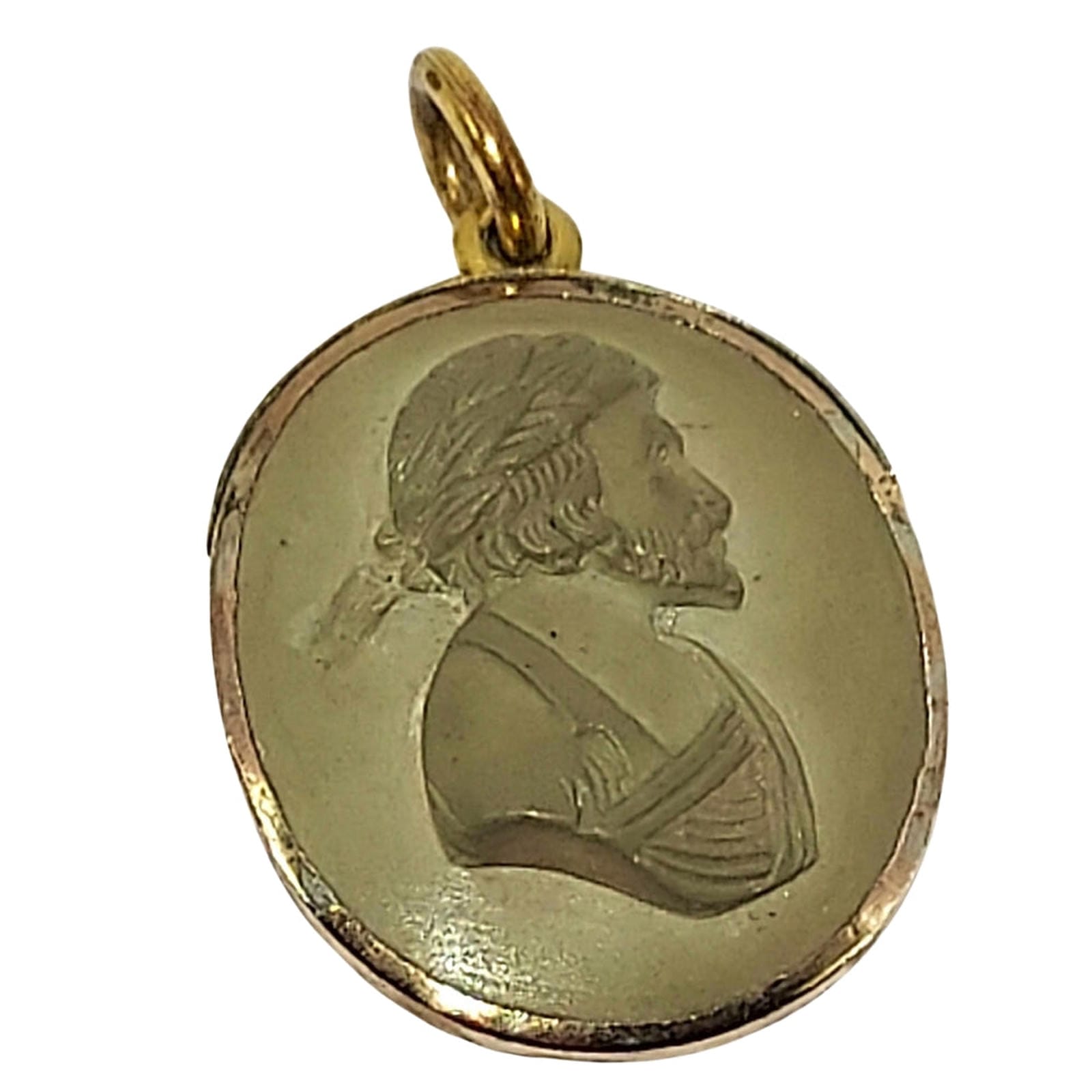Natural Lava Cameo of Male Profile - Italy - Pin Pendant - Gilt Metal Bezel