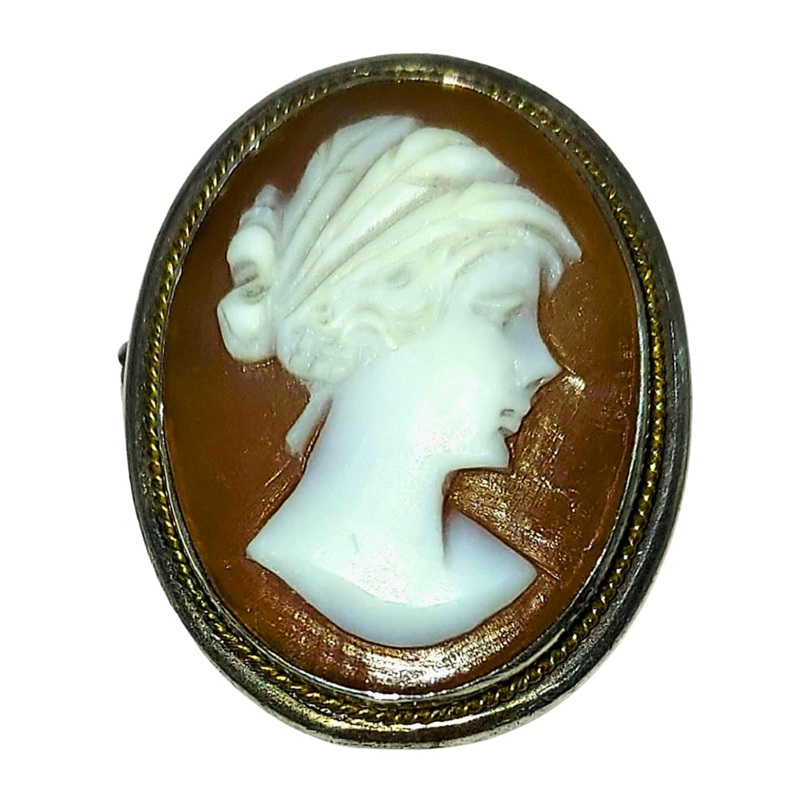 Small Oval Shell Cameo Pin - Coin Silver Bezel - Dark Coral Color Background