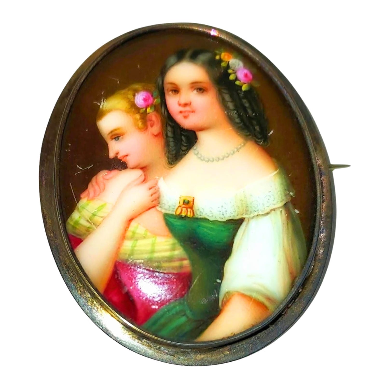 19th Century Hand Painted Porcelain Portrait Brooch of Two Young Ladies