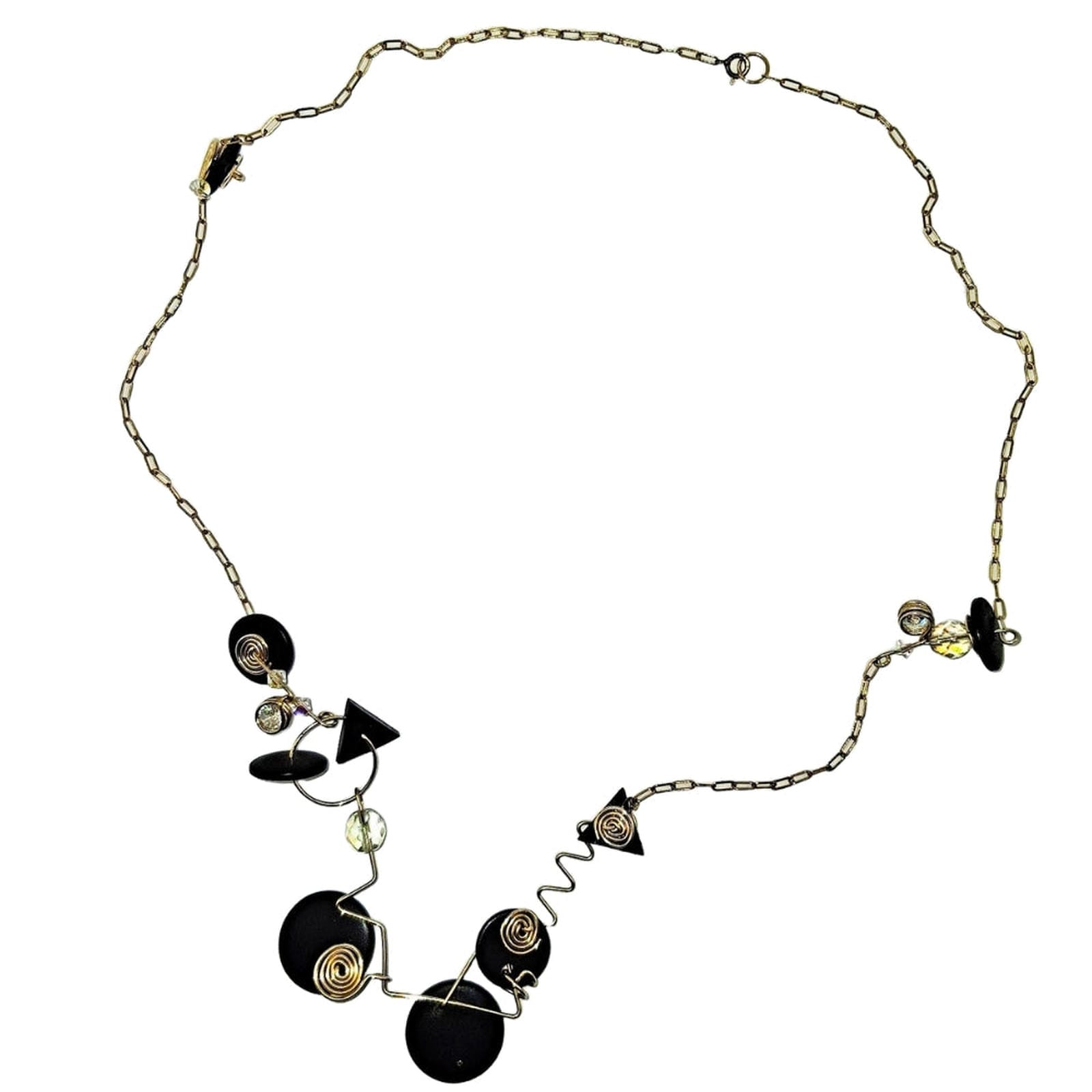 Artisan 14KT Gold & Wire Necklace with Black Geometric Beads
