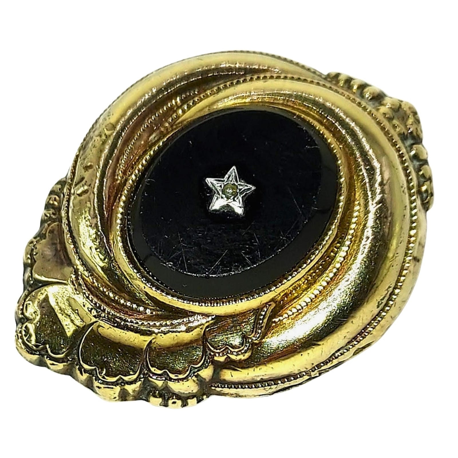 Repoussé Jet and Silver Brooch - Oval with Star & Pearl