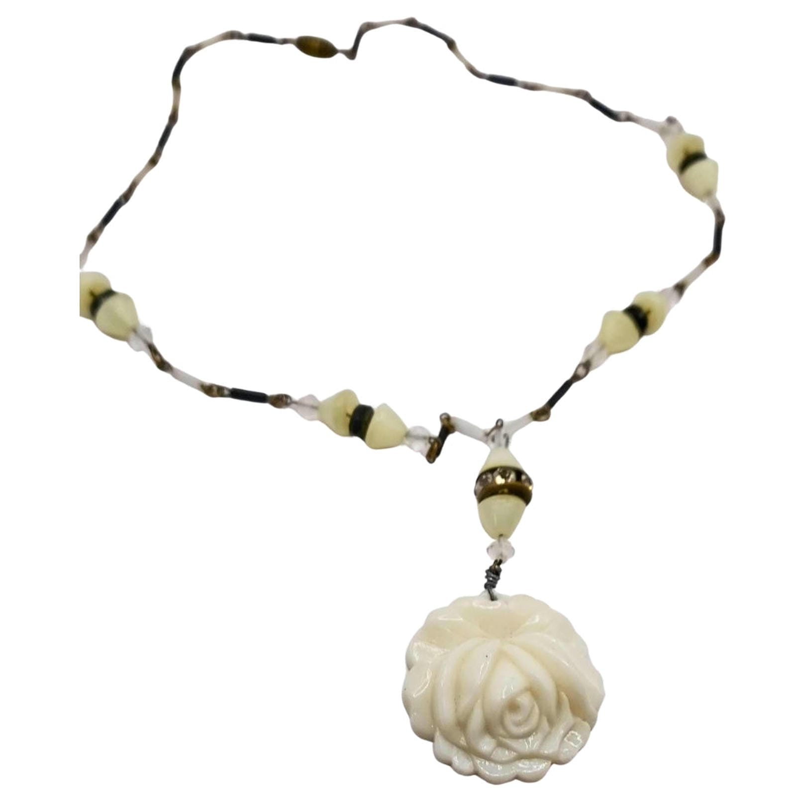 Art Nouveau Bakelite Rose Necklace with Jet & Shell Beads