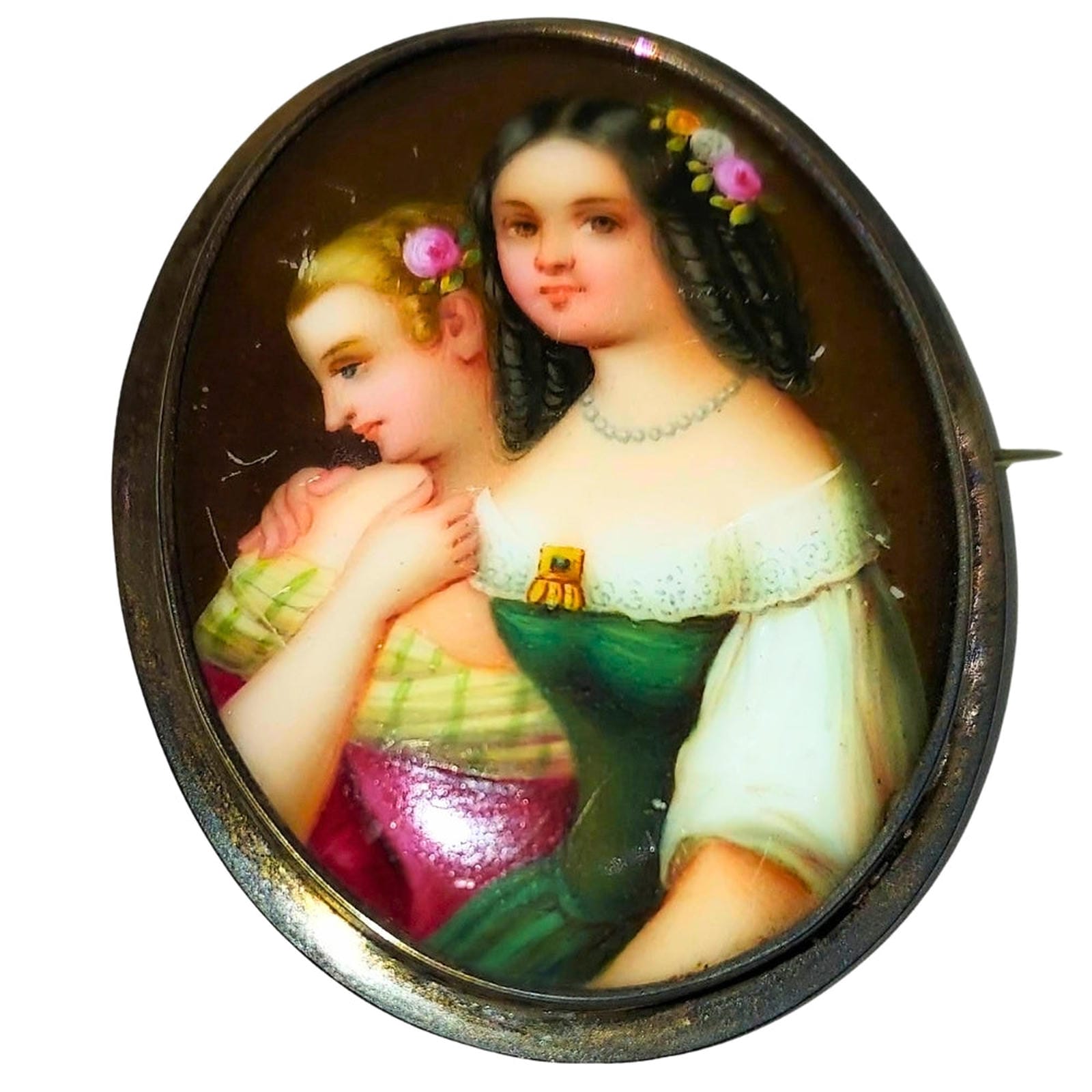 Hand Painted Porcelain Portrait Pin of 2 Young Ladies, set in plain 1/4" German Silver bezel
