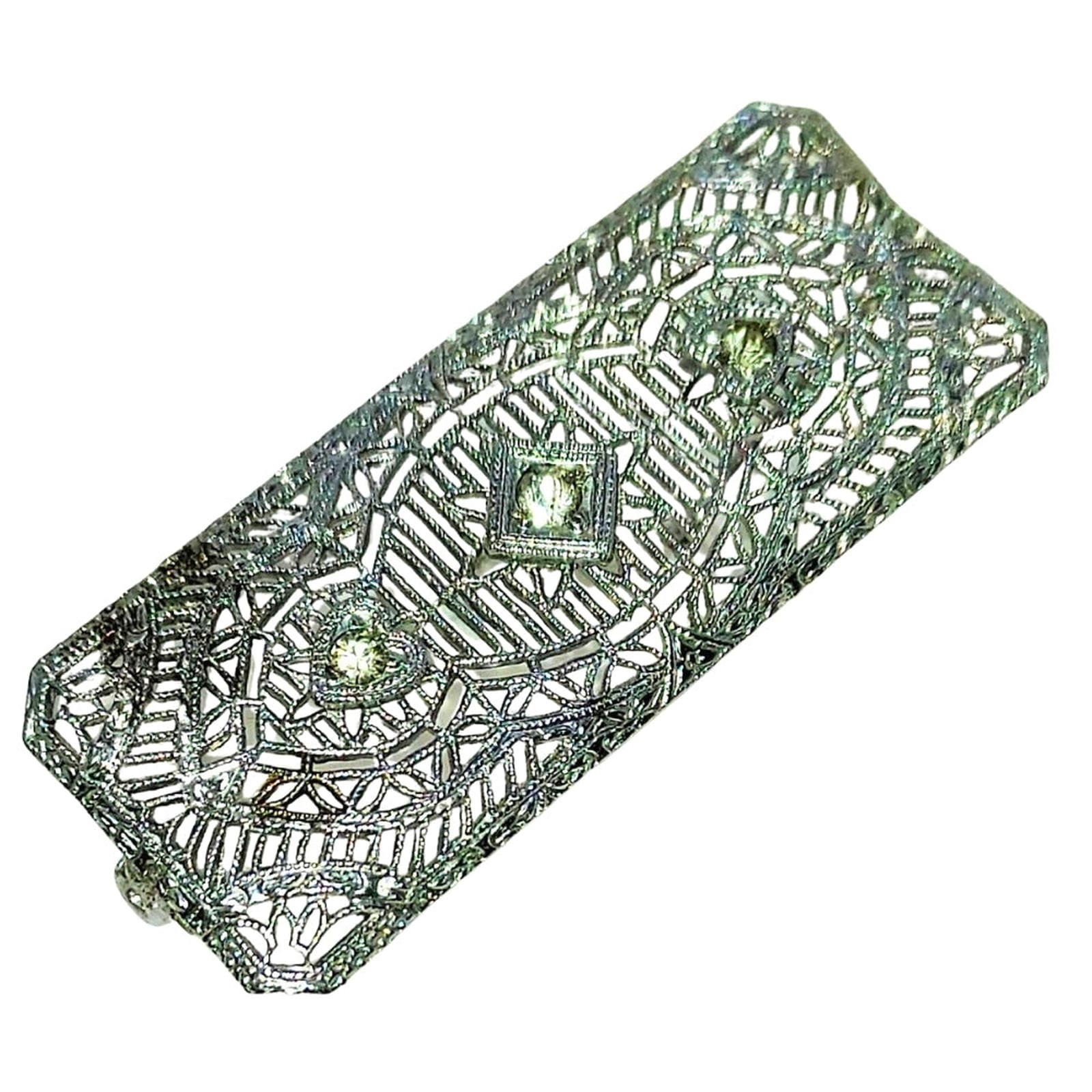 Silver-Washed Filigree Pin - Three Clear Crystals