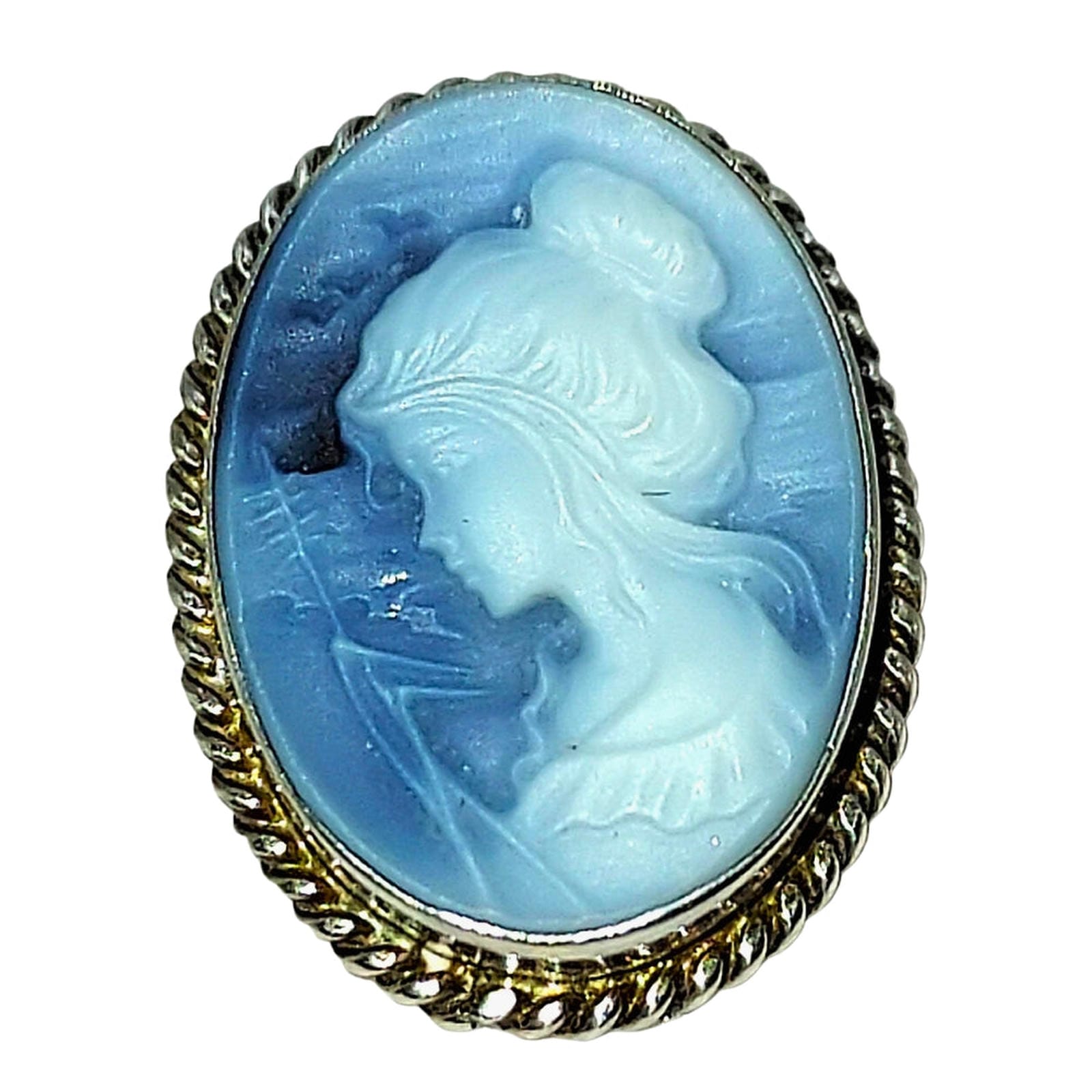 Oval Cameo Pin of Lady - Dark Blue Background - .925 Bezel