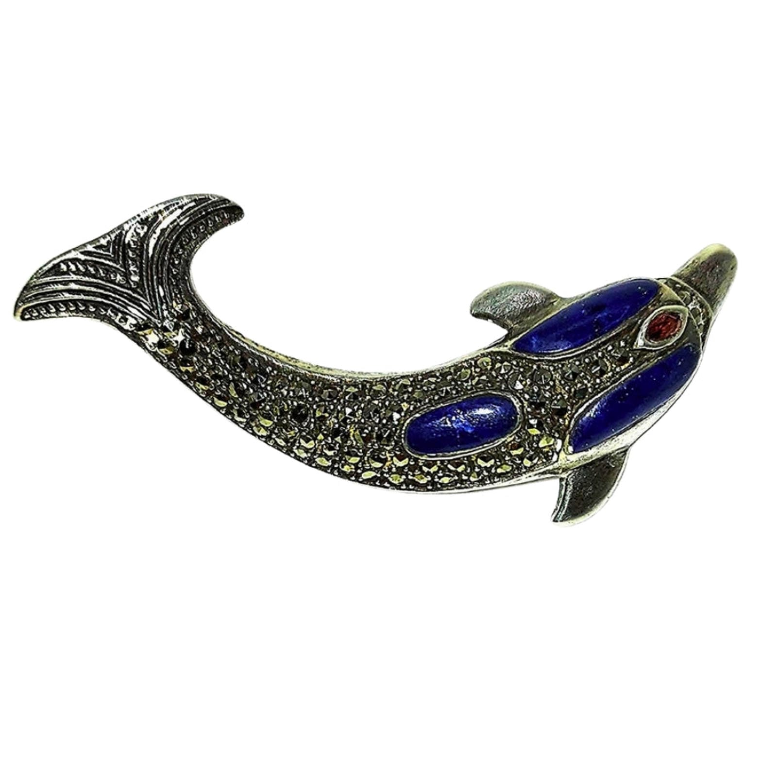 Sterling Dolphin Pin with Lapis, Marcasite & Amber Eye