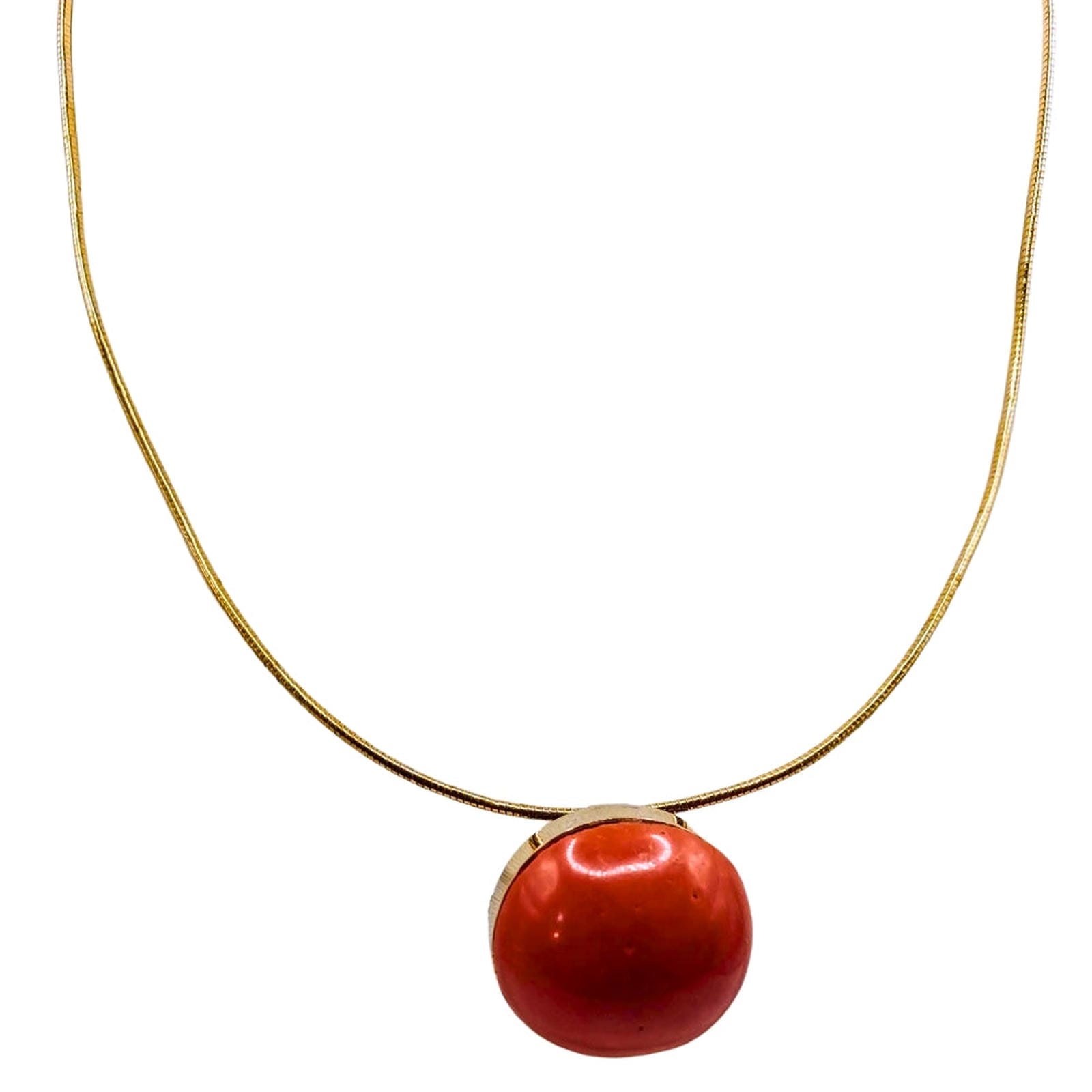Coral Cabochon Pendant/Pin on Gold Ring Necklace