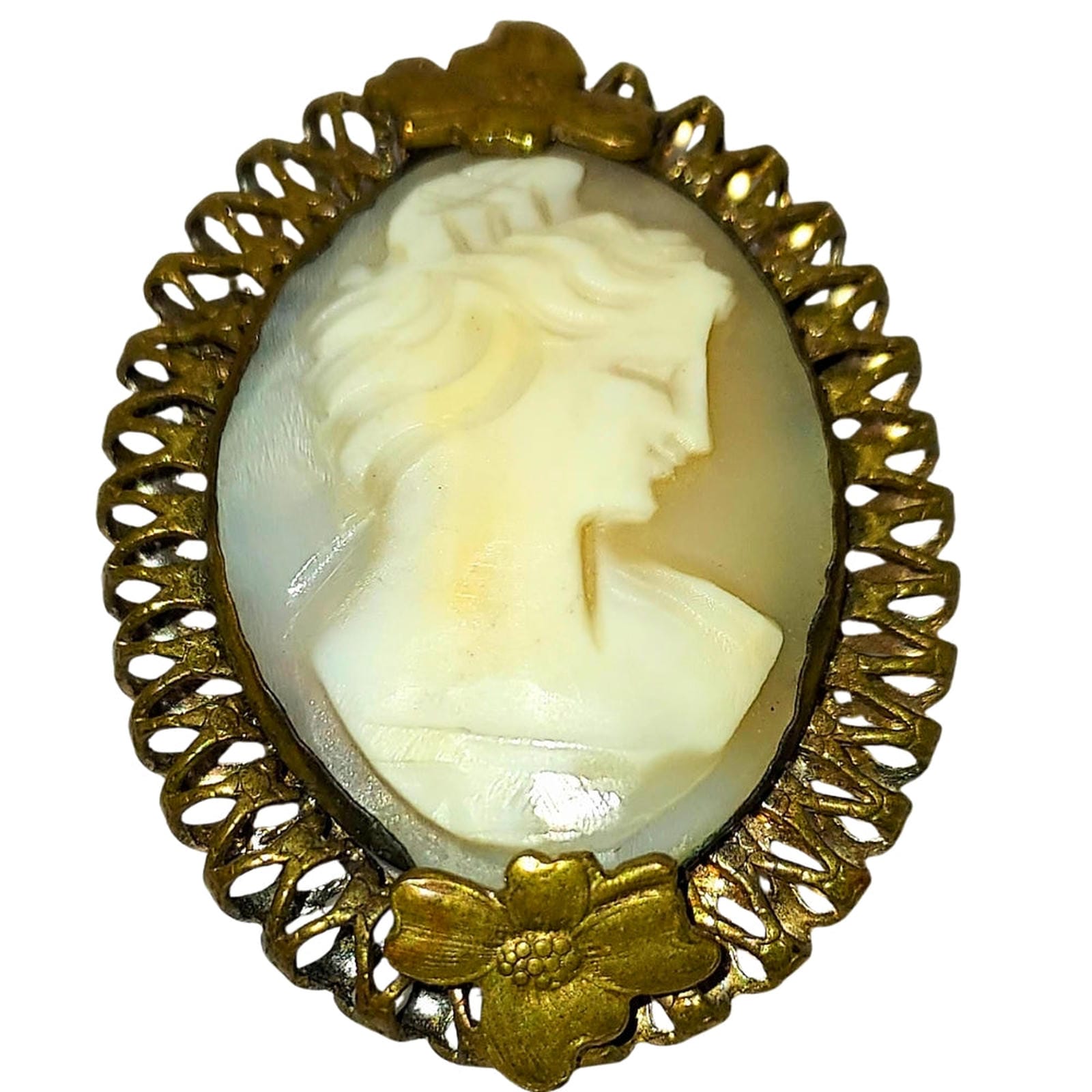 Grey & White Shell Cameo w/ Coral Gilt Pin - Portrait of Lady