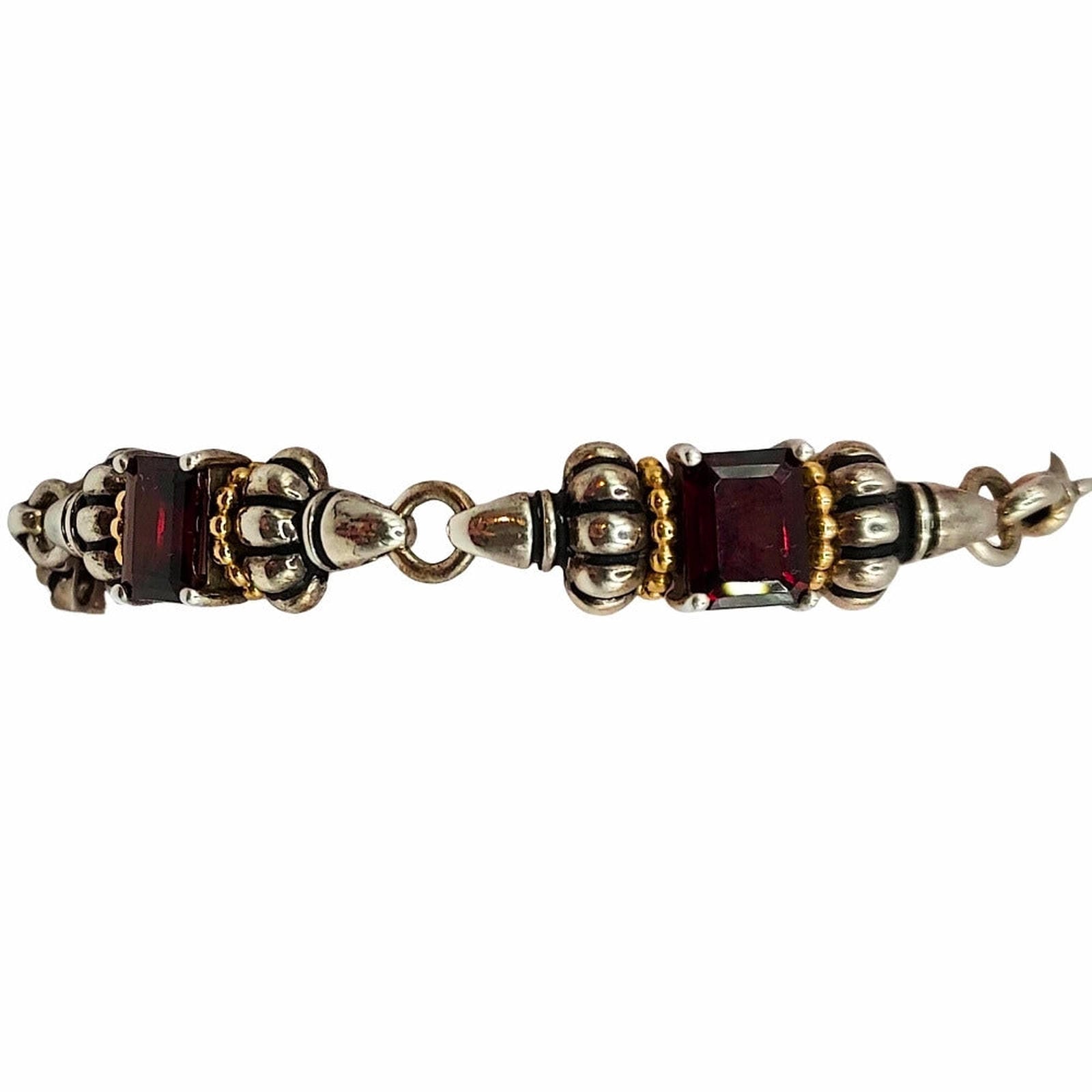 Sterling 5-segment bracelet w/square garnets and gold accents.  Swivel hook clasp.  Marked CID, 925 14K  Maker Clyde Dunier