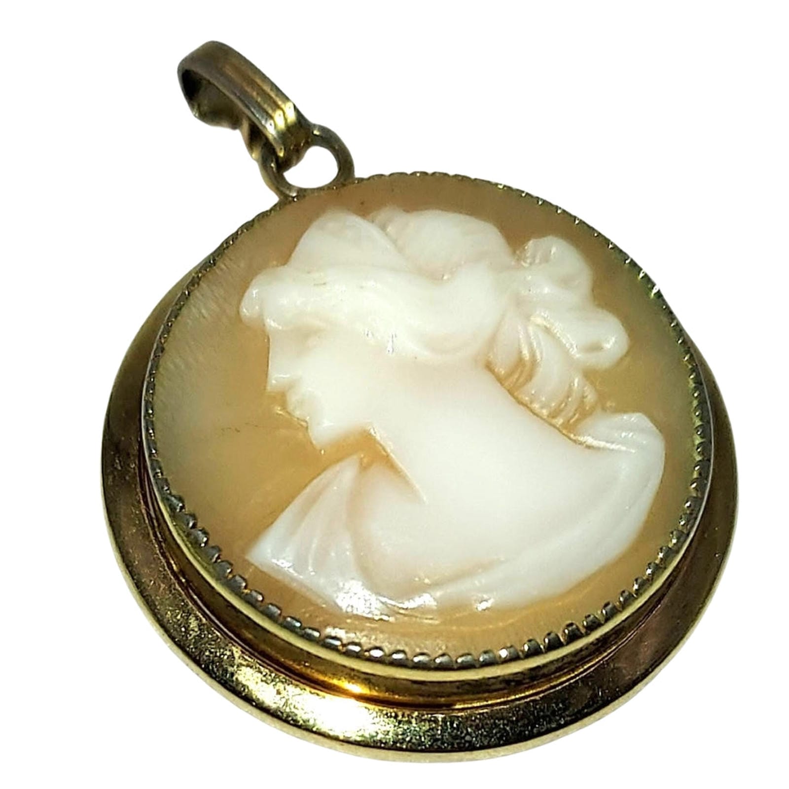 Round Shell Cameo Pin of Lady 12KT Gold Bezel