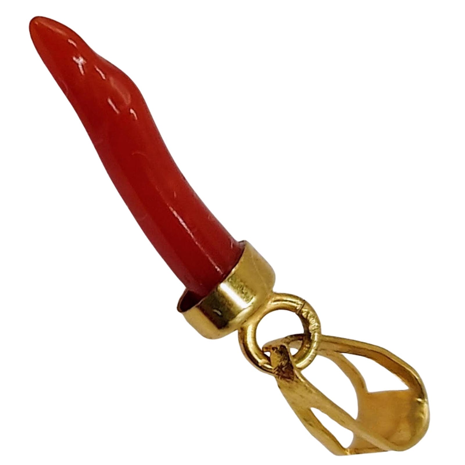 Tiny Red Coral Horn Pendant in Gold Bezel