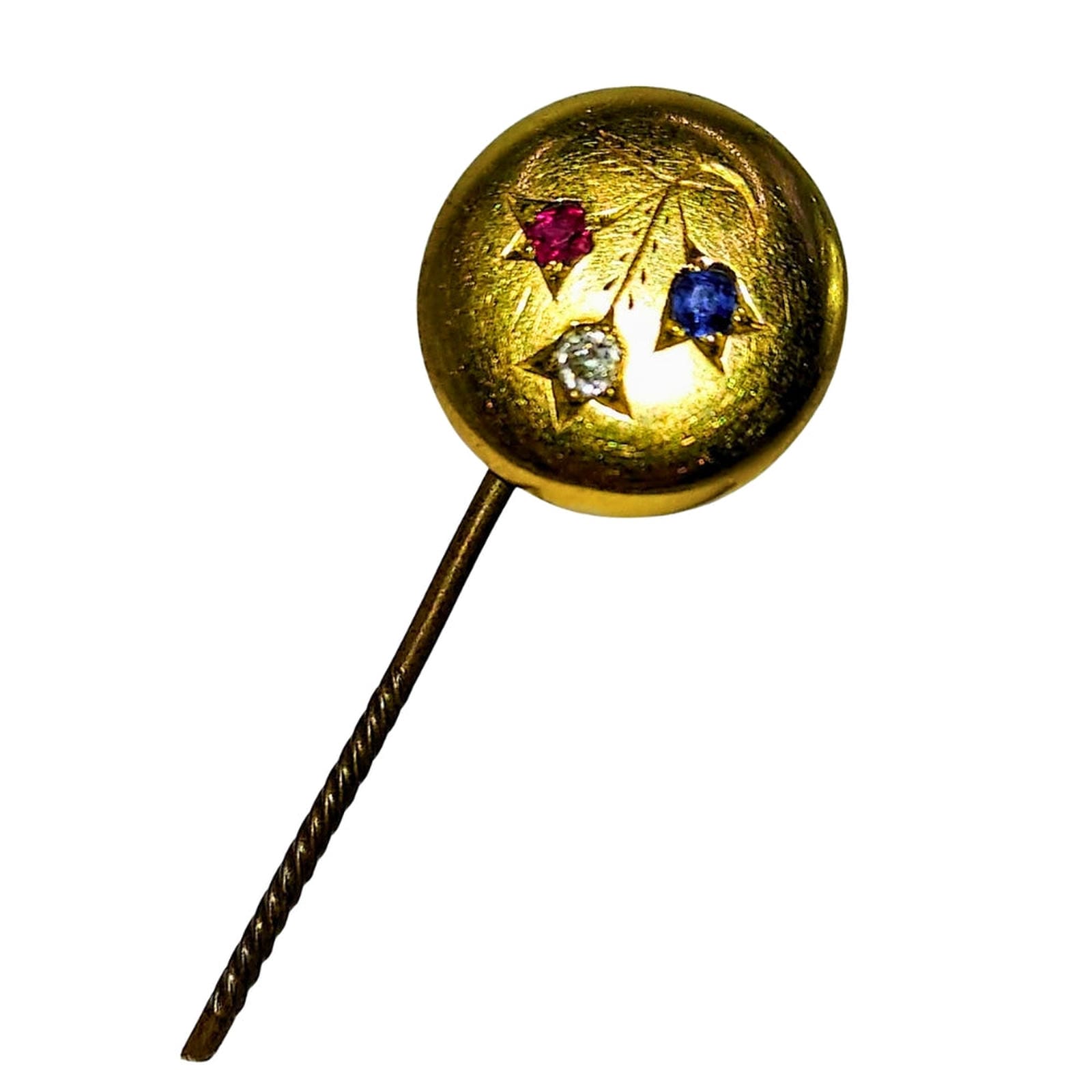 Victorian Gold Tulip Stickpin with Ruby, Diamond & Sapphire