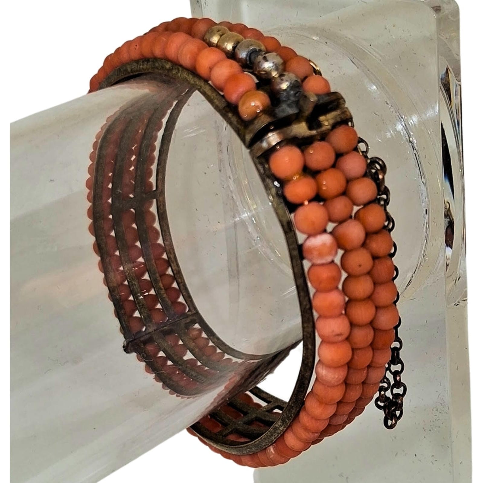 Antique Coral-Colored Beaded Bangle - Sterling Silver