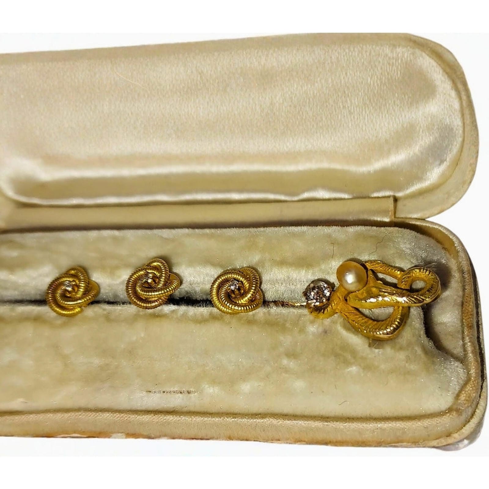 Men’s Antique Jewelry Set - 14KT Gold Diamond & Pearl Stick Pin and Studs