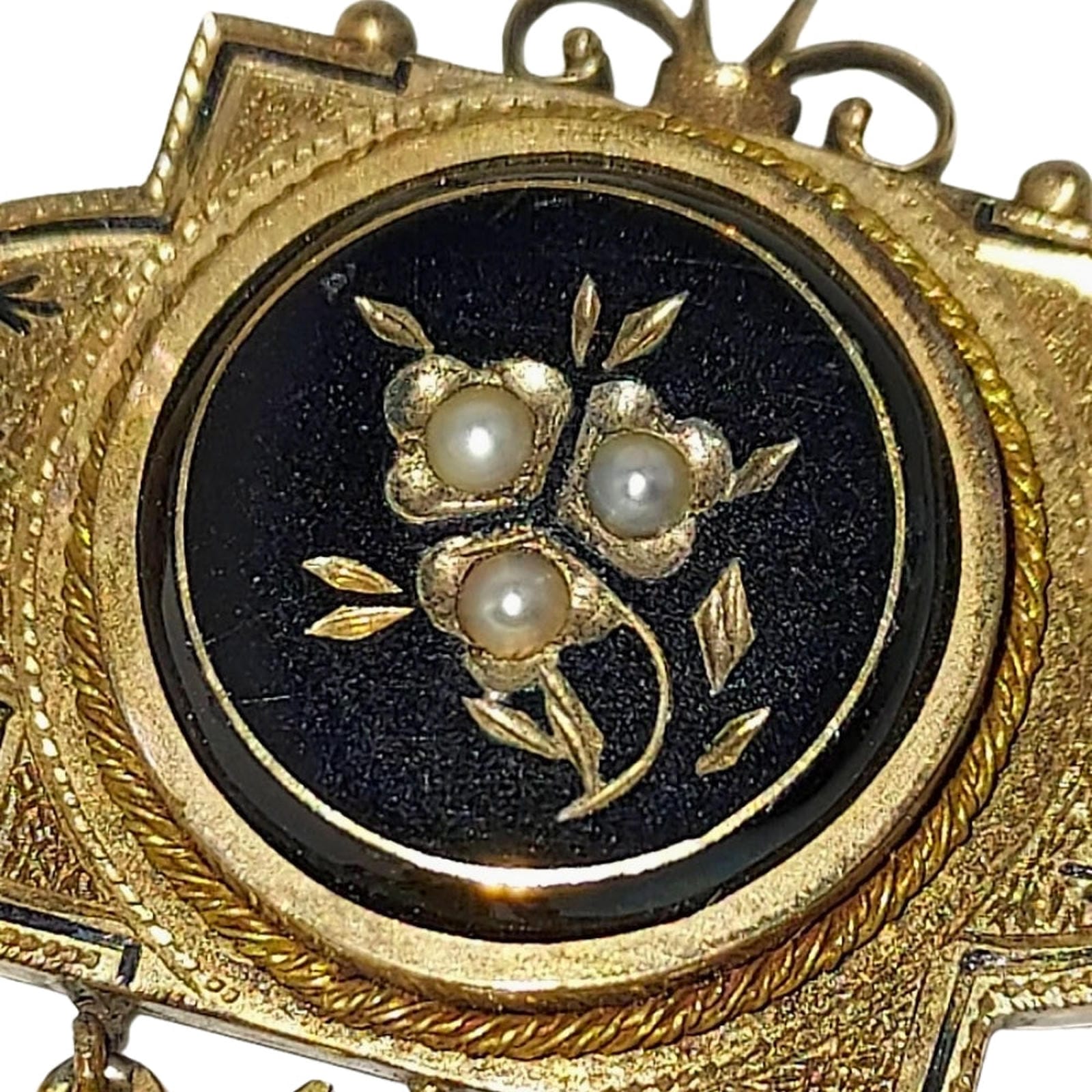 Victorian Carved Onyx & Pearl Pin - 10KT Gold with Enamel