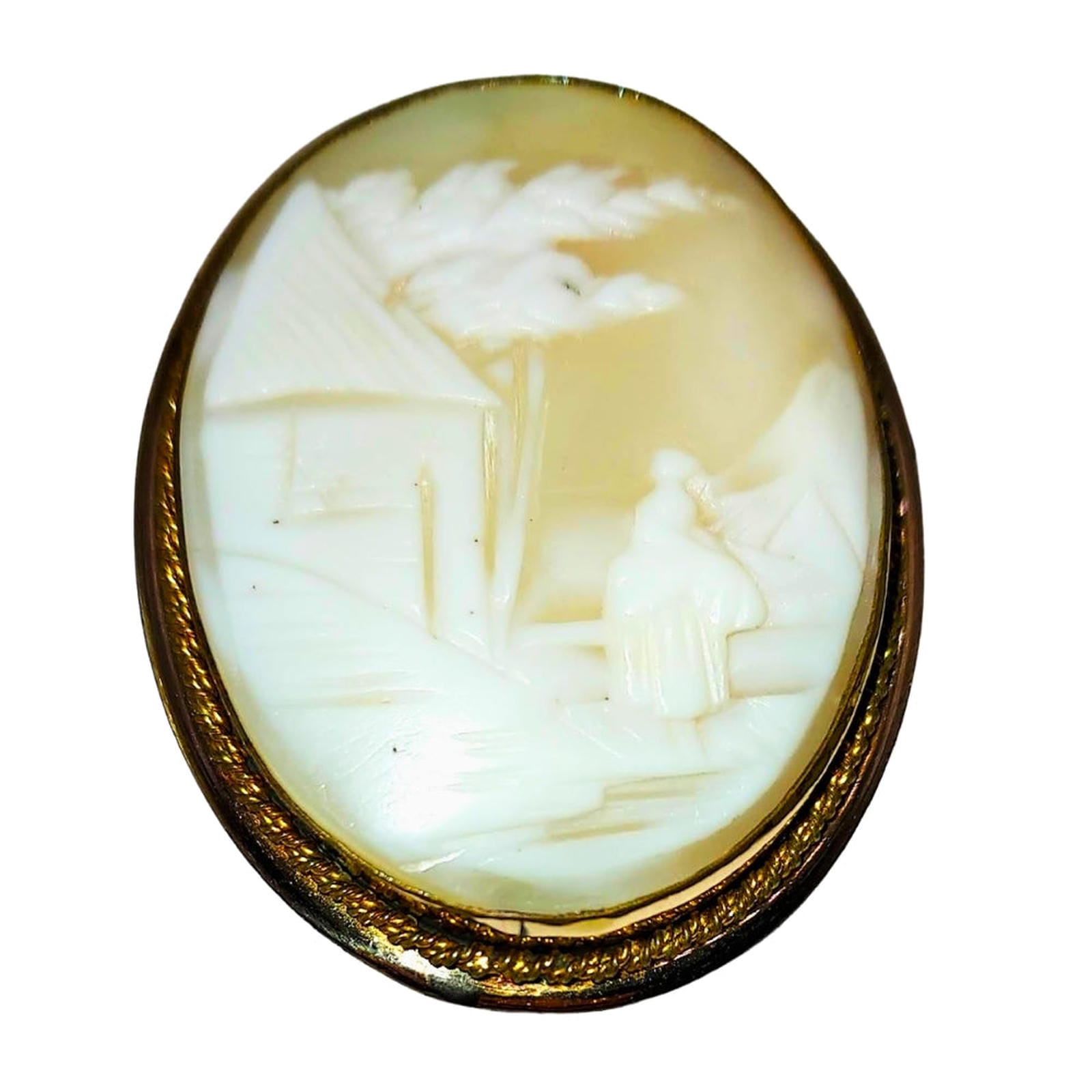 Oval Shell Cameo Pin - Oriental Landscape - 12KT Gold Filled Bezel