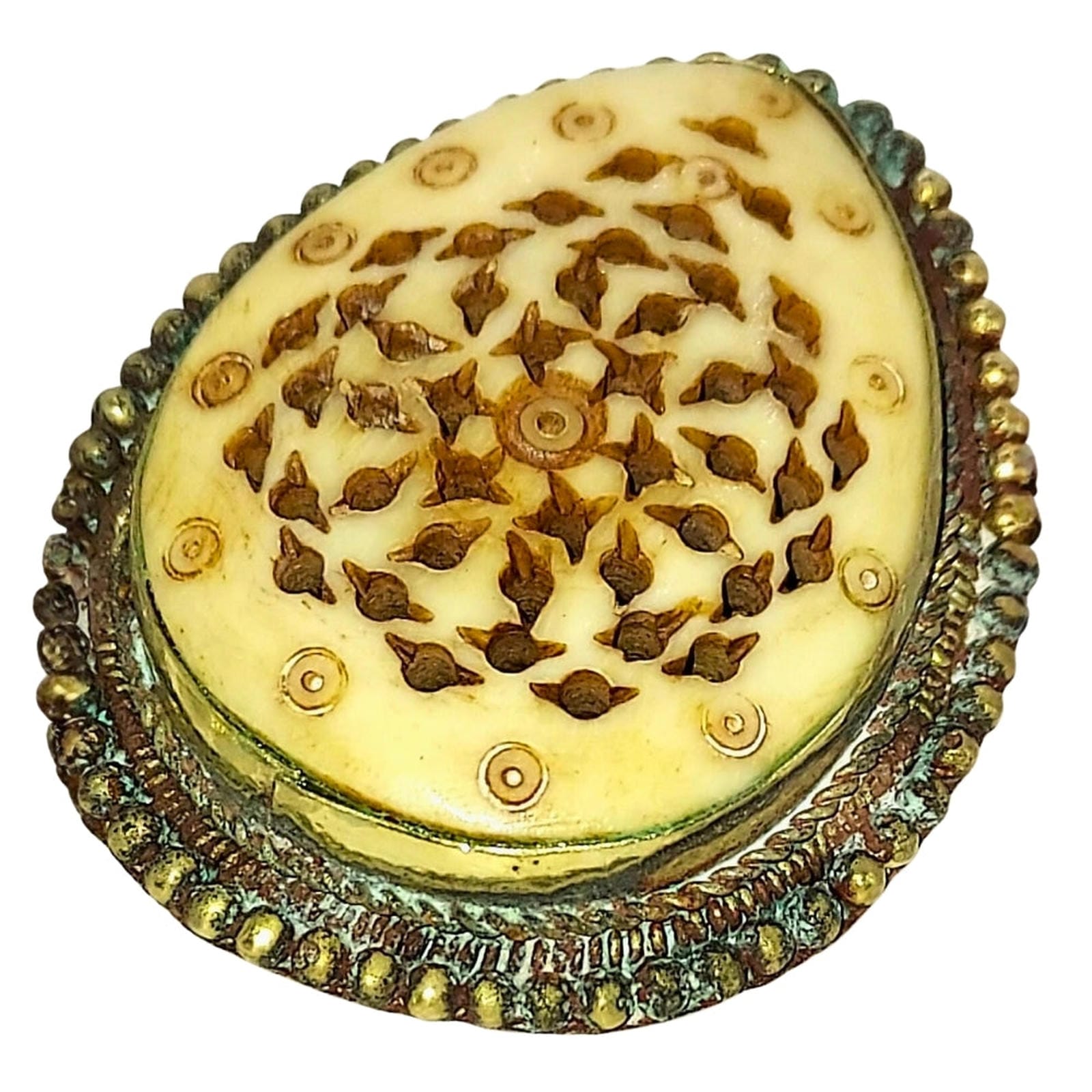 Pierced Bone Brooch - Asian Teardrop Shape, Silver-Washed Base Metal