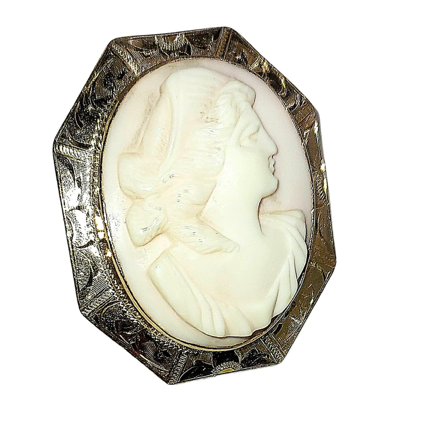 Pale Pink Cameo Pin - Geometric Gold Filled Bezel - Portrait of Lady