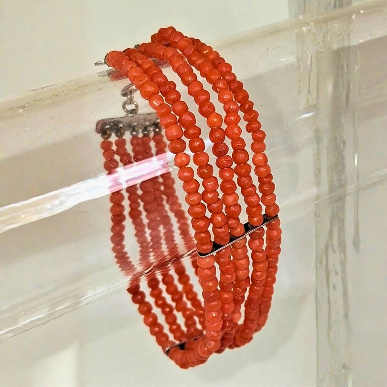 Antique Coral Beaded Bracelet - Sterling Silver Bars
