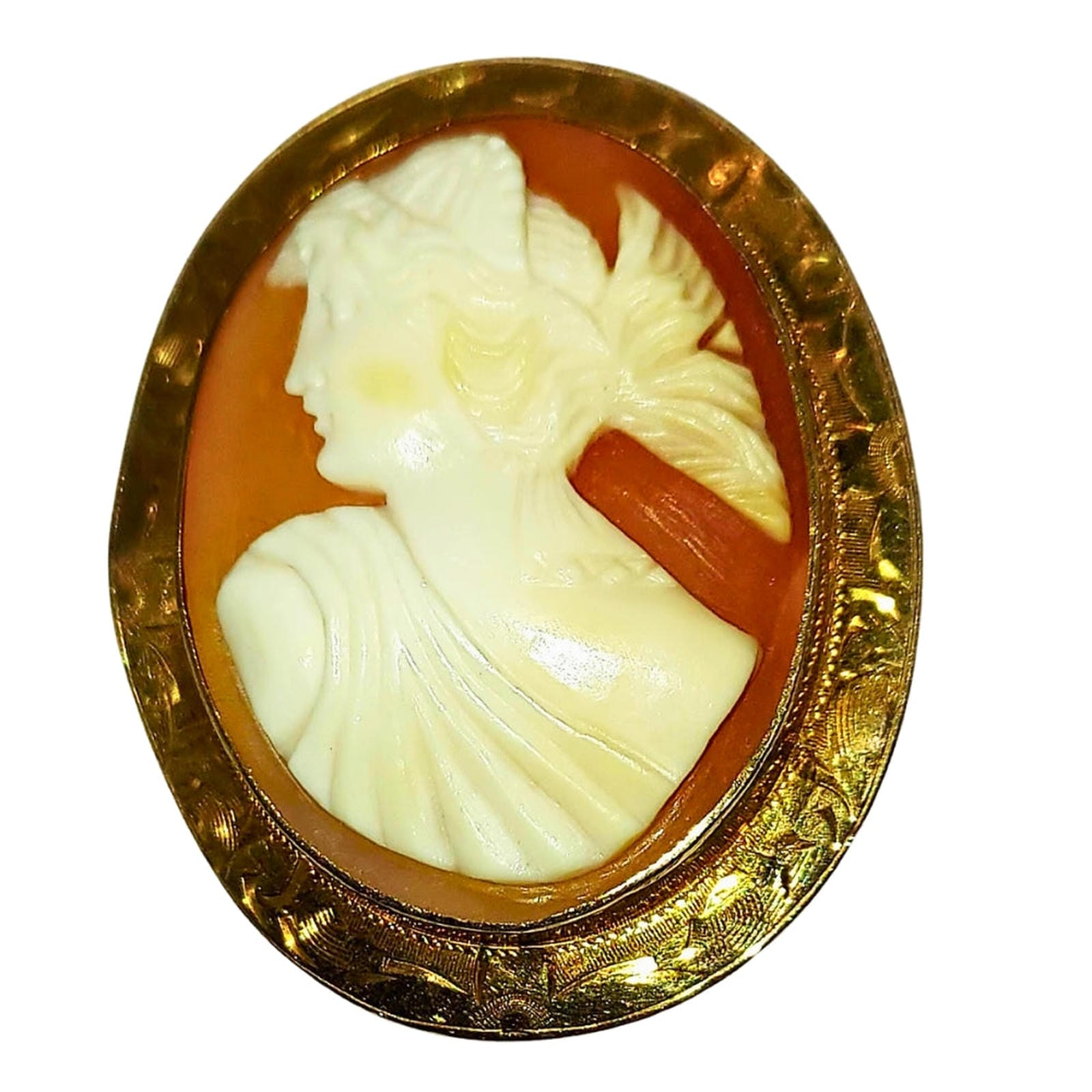 Oval White Shell Cameo - Dark Coral Background - Gold Filled Bezel