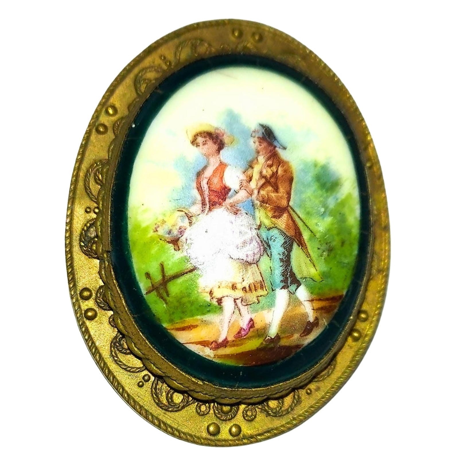 Hand Painted Porcelain Brooch - Couple Strolling