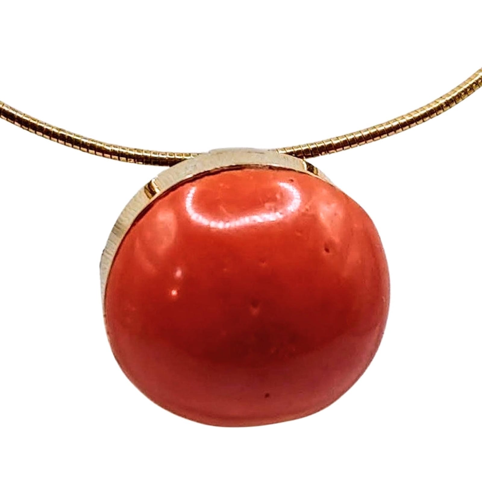 Coral Cabachon Pendant - Choker 10KT Gold Bezel on 10KT Gold Wire