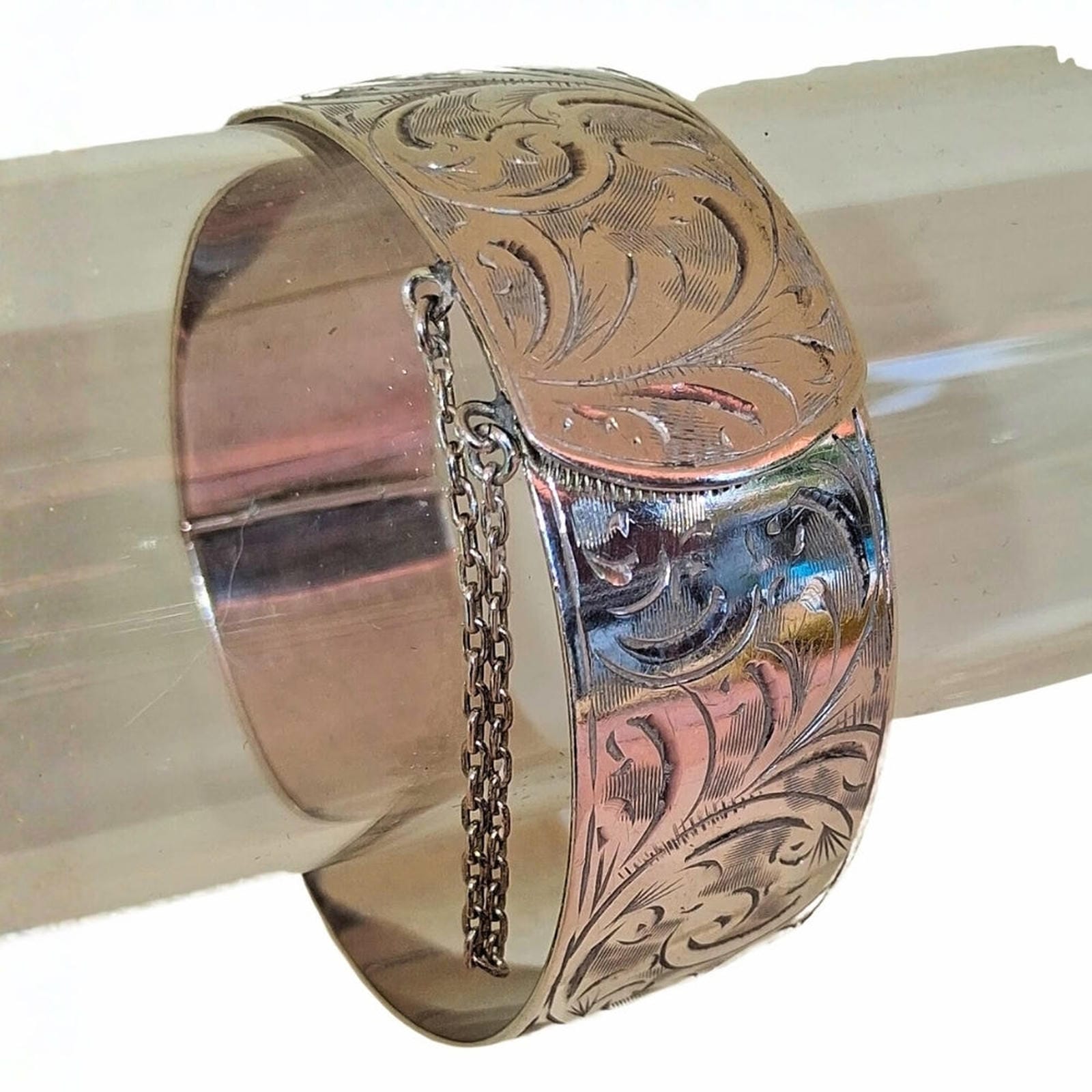 Victorian Sterling Silver Bangle - Fleur de Lis Engraving