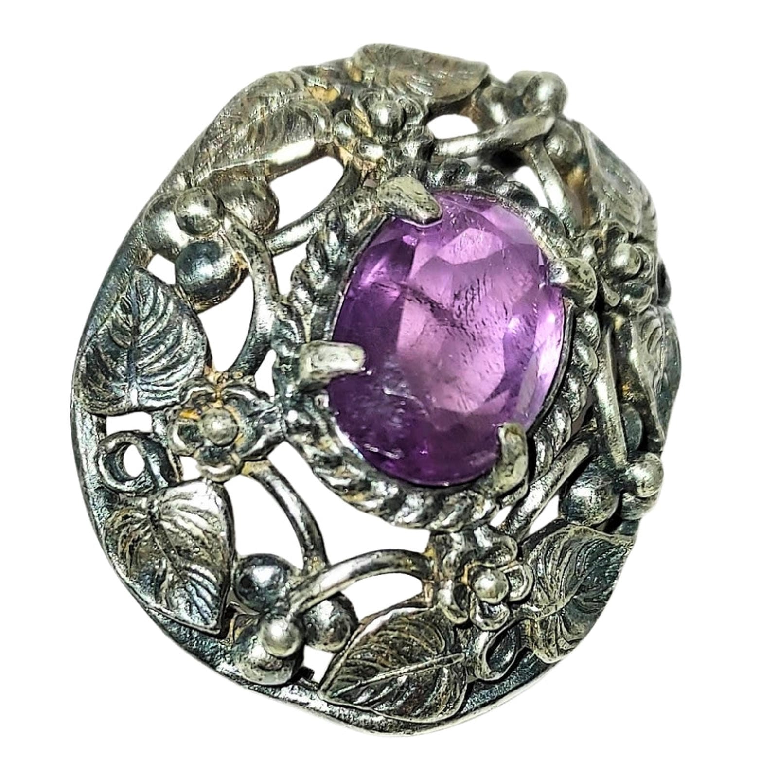 Silver Leaf & Amethyst Crystal Brooch - Vintage