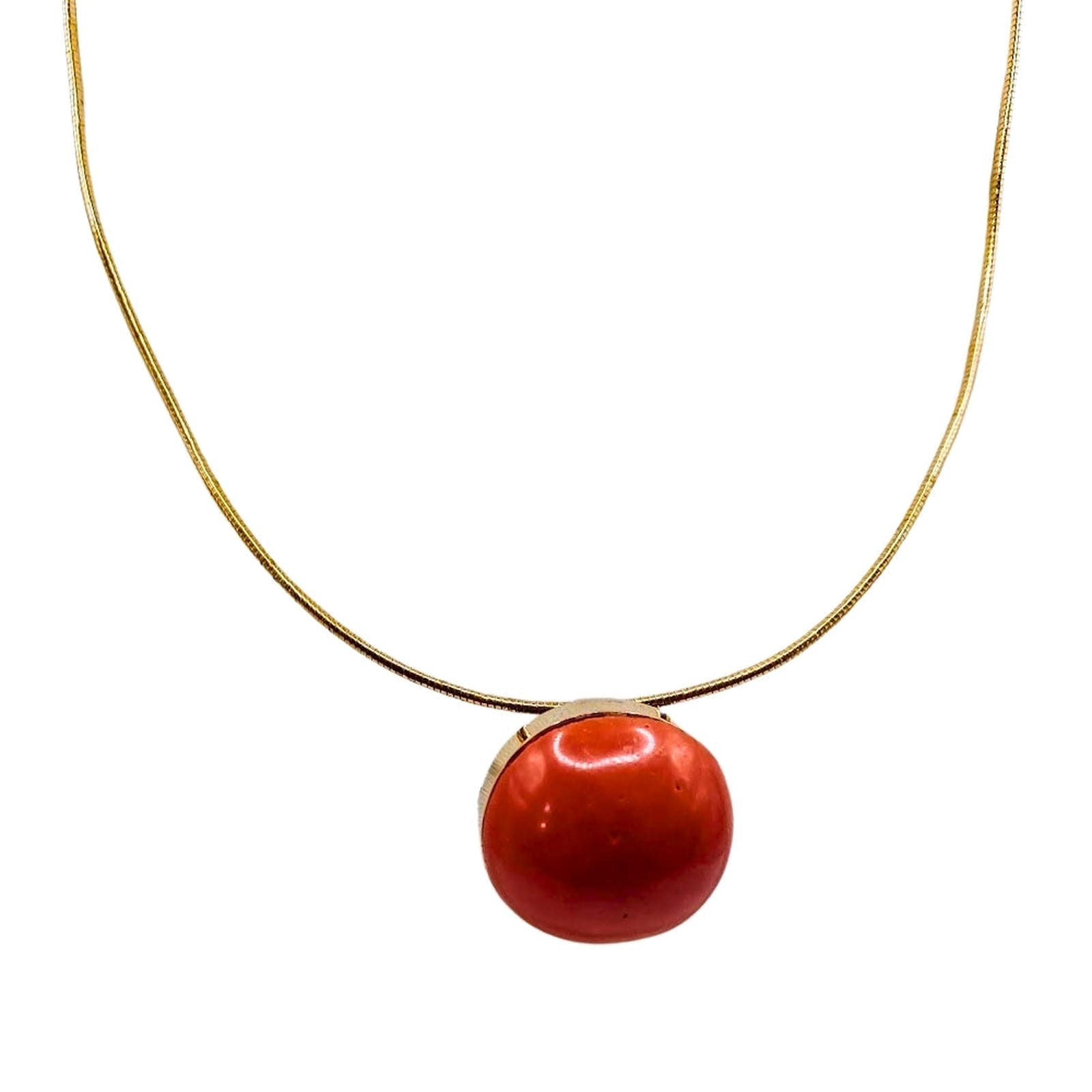 Coral Cabachon Pendant - Choker 10KT Gold Bezel on 10KT Gold Wire