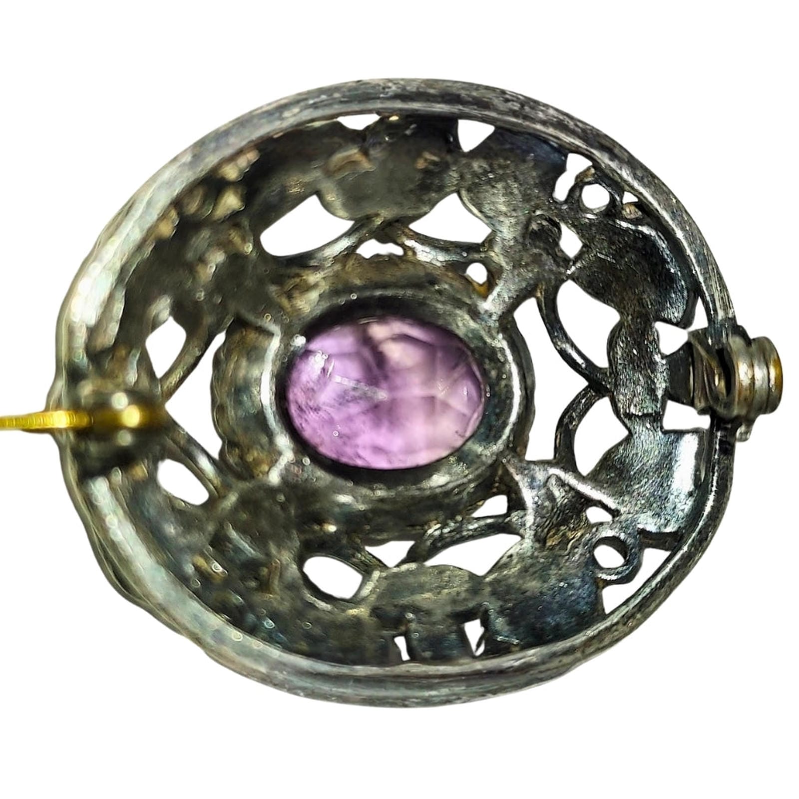 Silver Leaf & Amethyst Crystal Brooch - Vintage