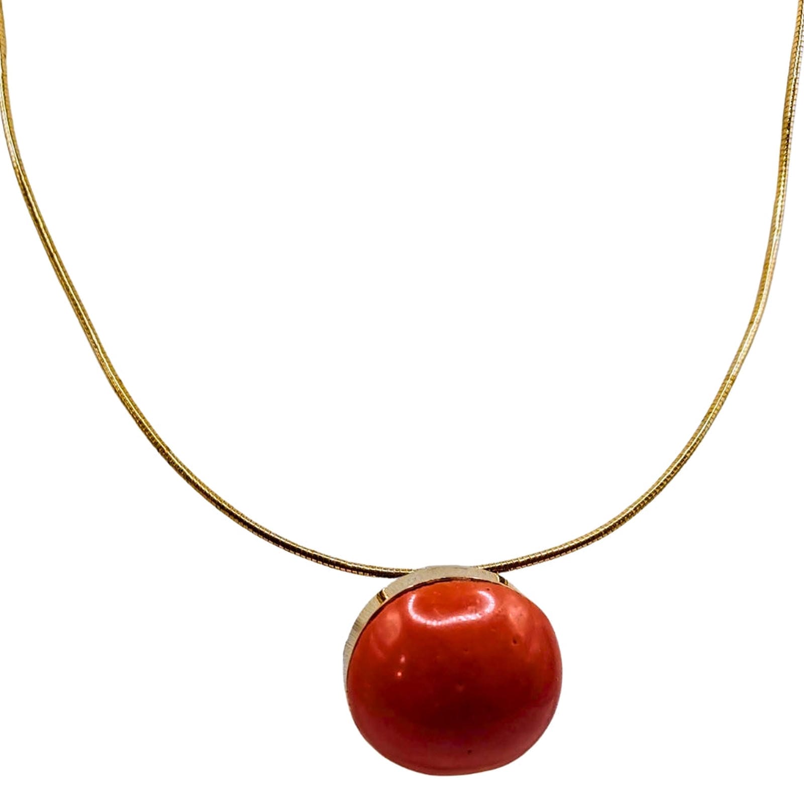 Coral Cabochon Pendant/Pin on Gold Ring Necklace