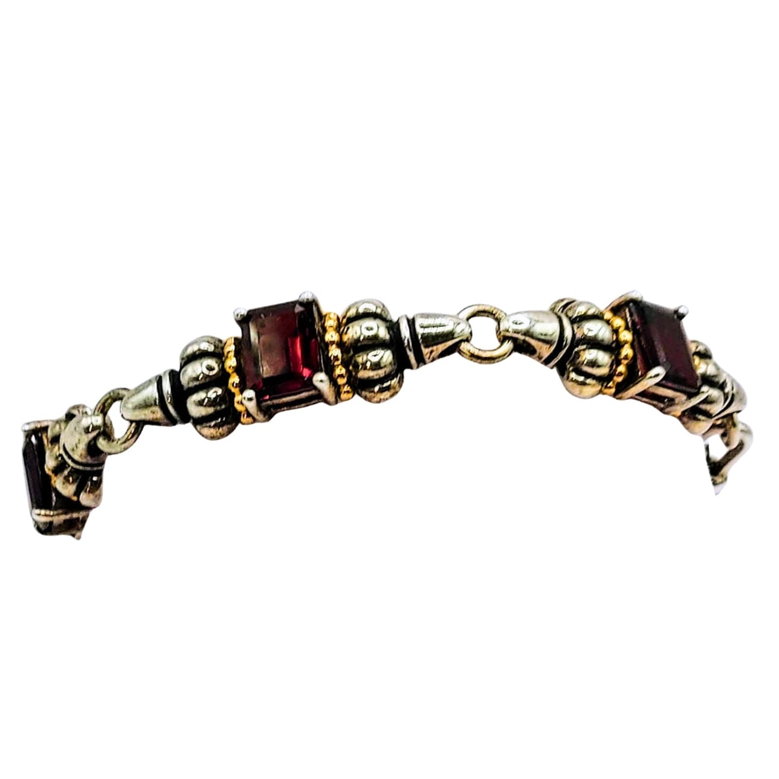 Sterling 5-segment bracelet w/square garnets and gold accents.  Swivel hook clasp.  Marked CID, 925 14K  Maker Clyde Dunier