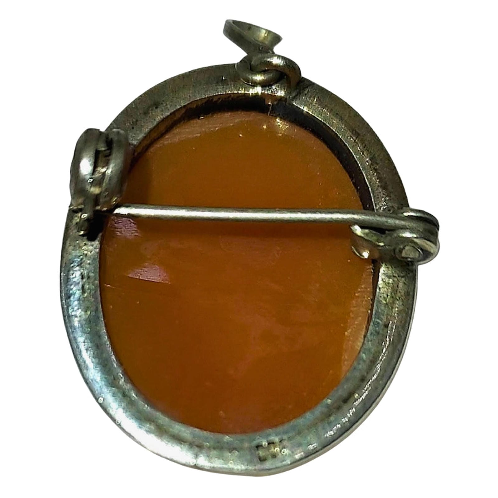 Small Oval Shell Cameo Pin - Coin Silver Bezel - Dark Coral Color Background