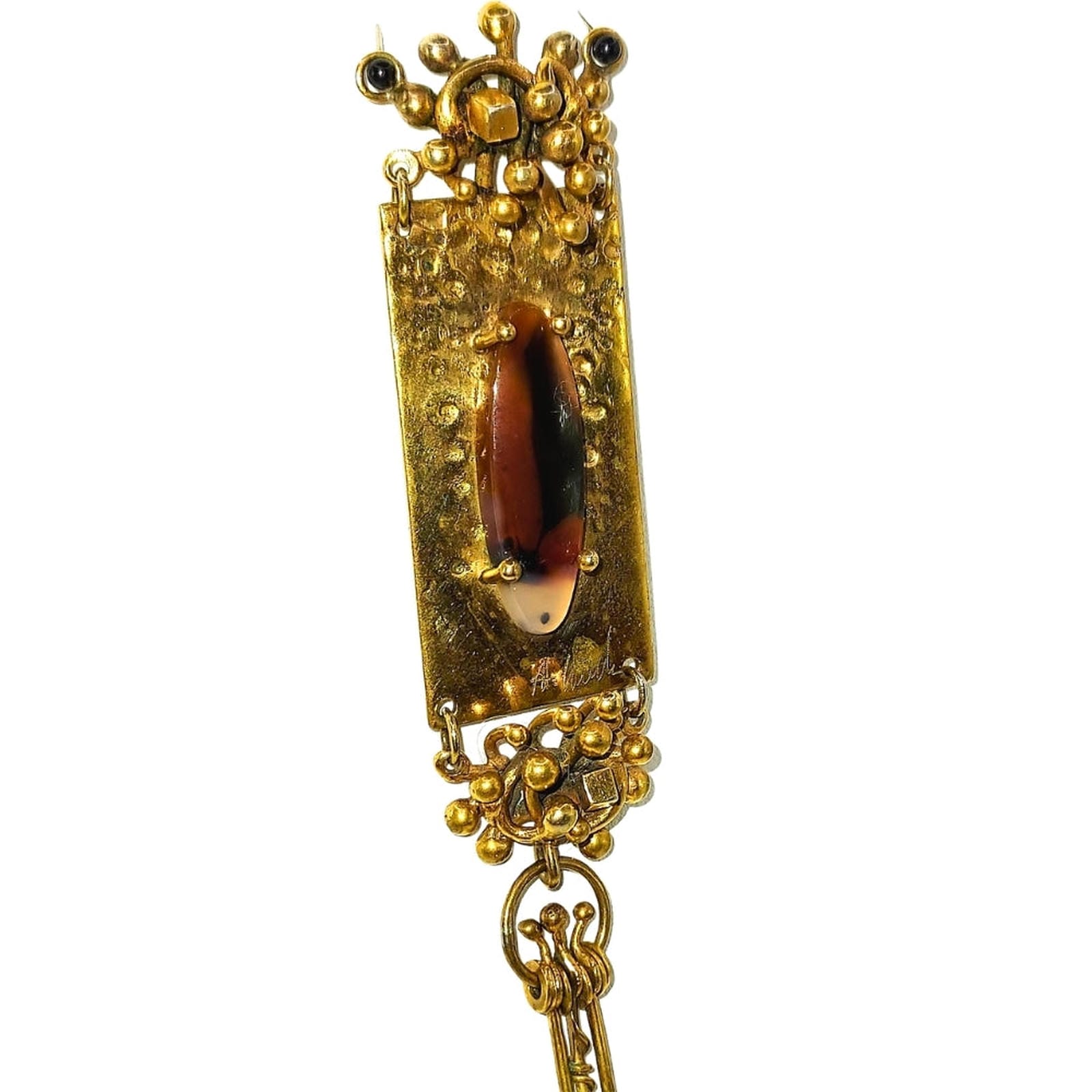 Brutalist Mid Century Artisan Brown Stone in Brass Pendant