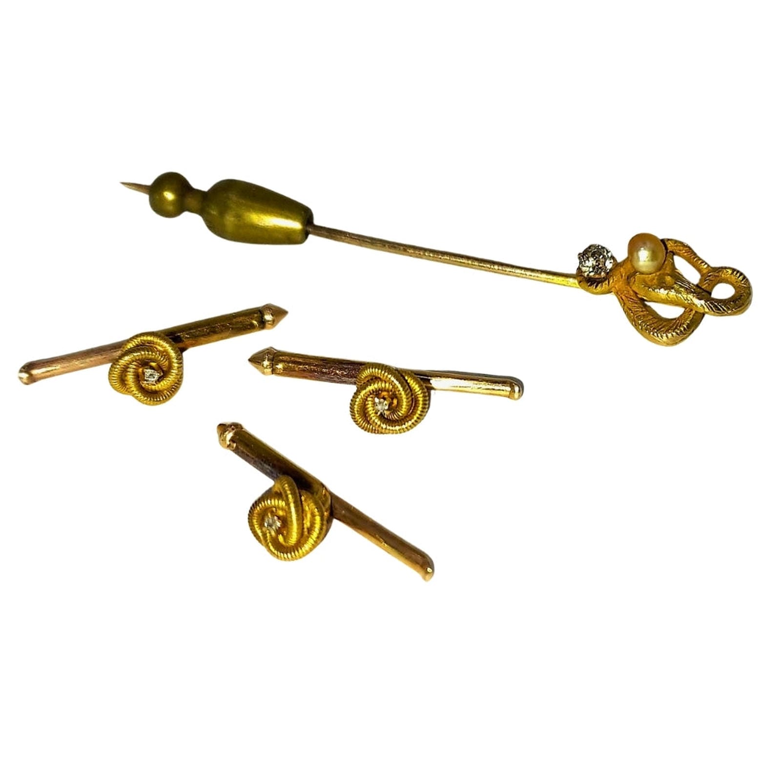 Men’s Antique Jewelry Set - 14KT Gold Diamond & Pearl Stick Pin and Studs