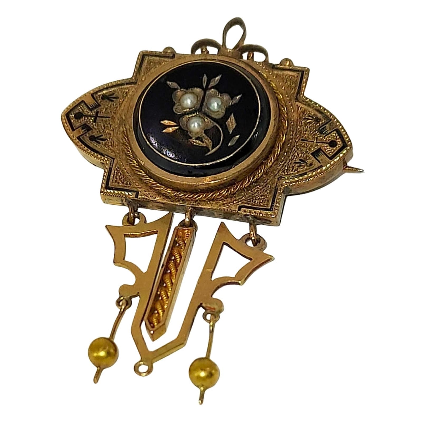 Victorian Carved Onyx & Pearl Pin - 10KT Gold with Enamel