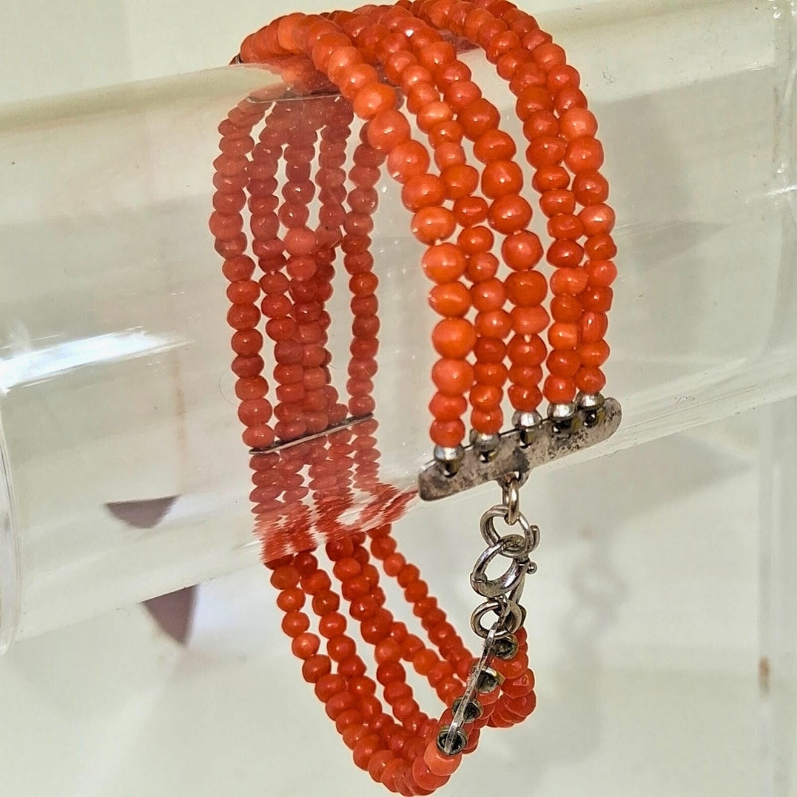 Antique Coral Beaded Bracelet - Sterling Silver Bars