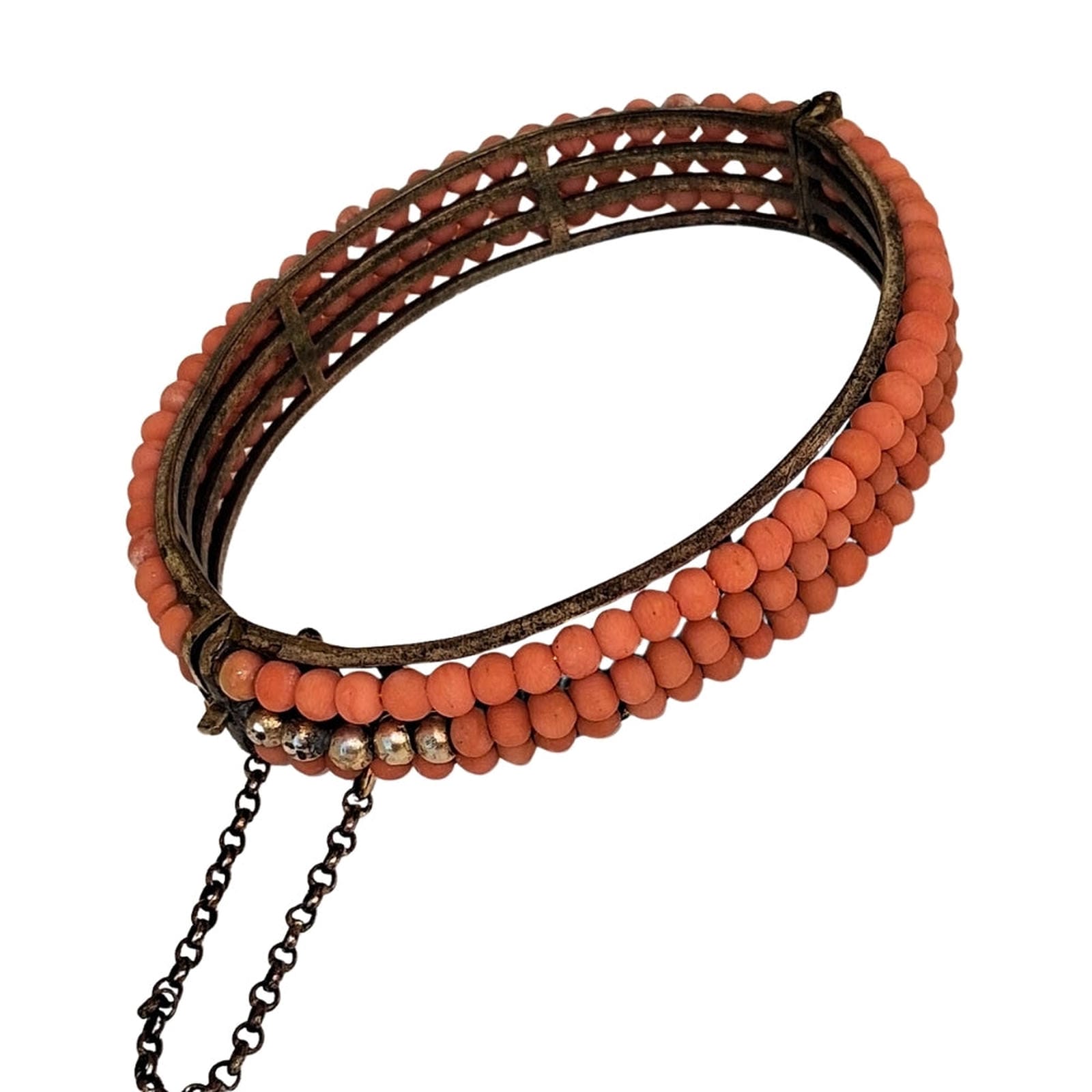 Antique Coral-Colored Beaded Bangle - Sterling Silver