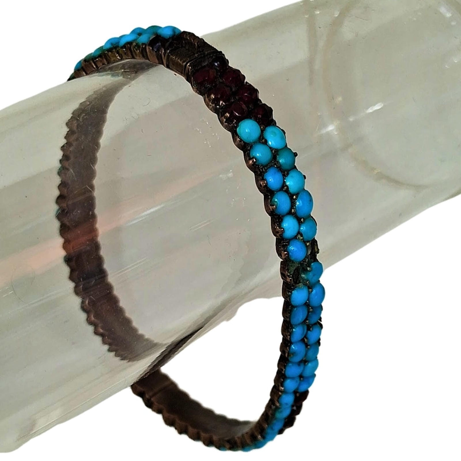 Antique Turquoise & Garnet Bangle - Copper Band