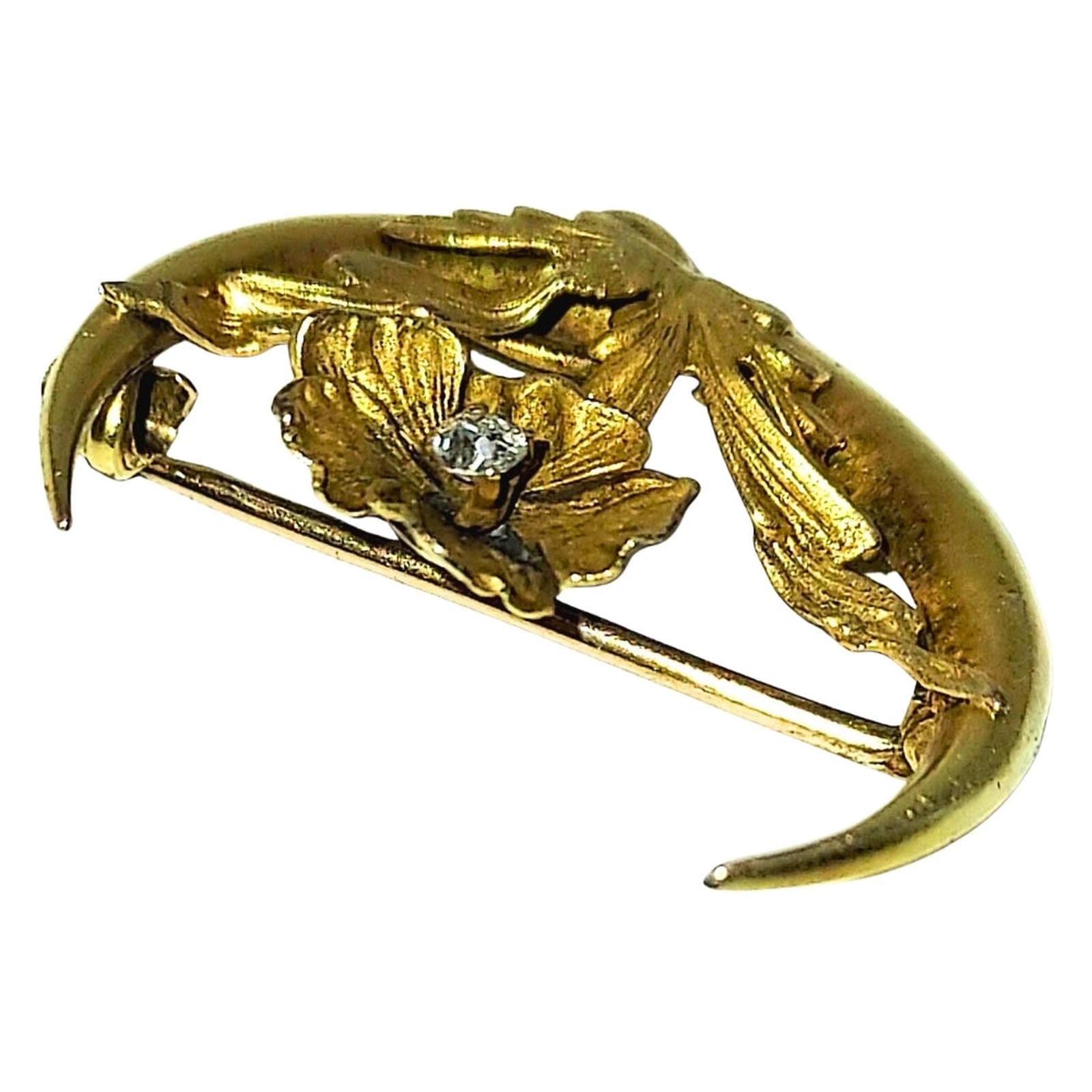 Victorian “Honeymoon” Pin - Crescent Moon with Flower & Diamond Chip